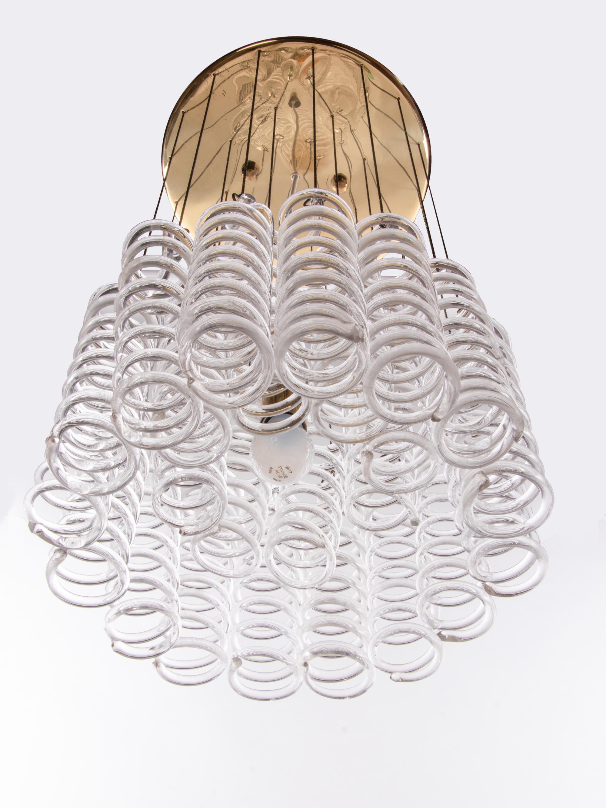 Italian Cascading Spiral Chandelier Murano Glass & Brass in the manner of Mazzega, 1960s For Sale