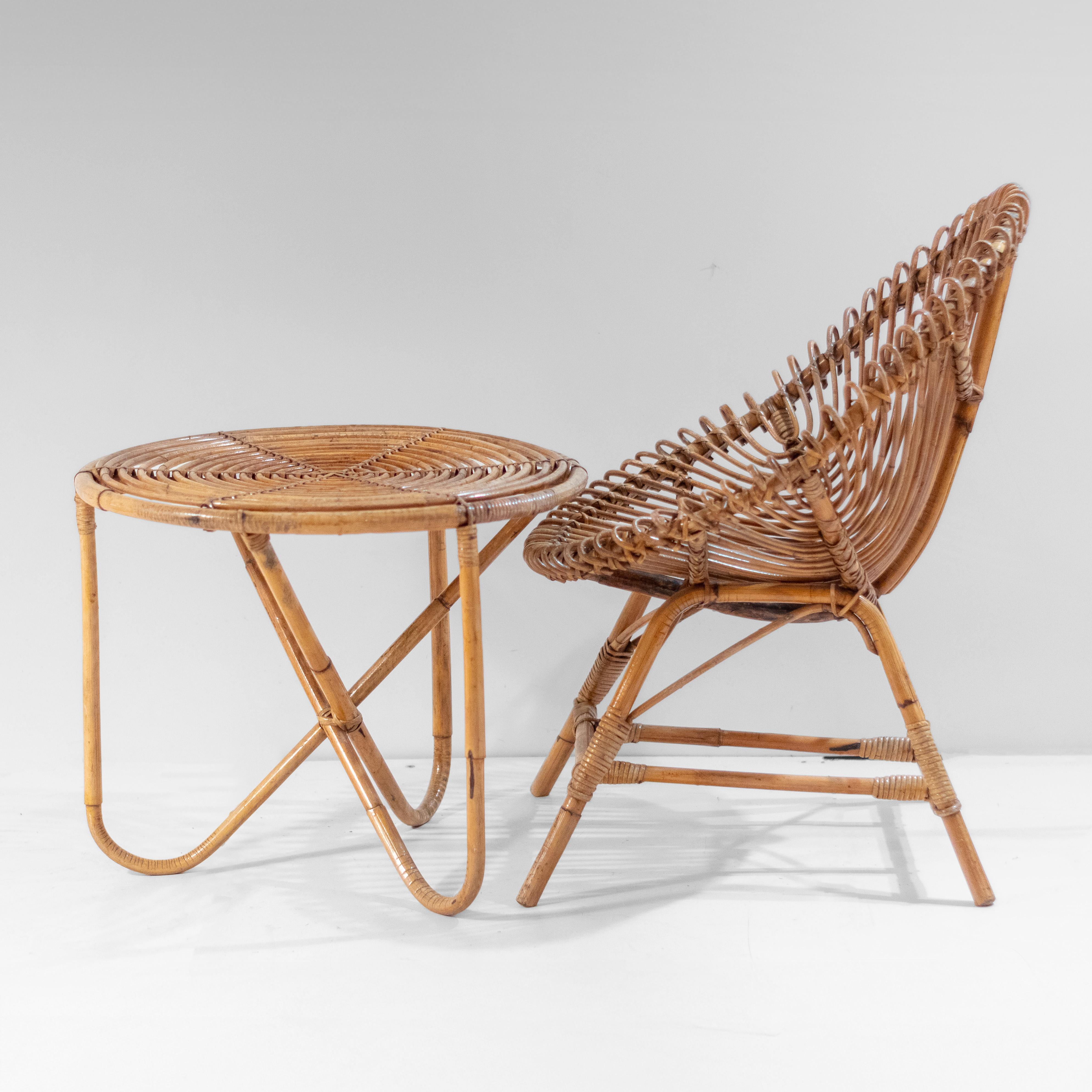 Mid-Century Modern Bamboo Lounge Set, Italy, 1960s

A beautifully crafted Mid-Century Modern bamboo lounge set, manufactured in Italy during the 1960s. This charming set comprises a low lounge chair and a matching side table, both showcasing the