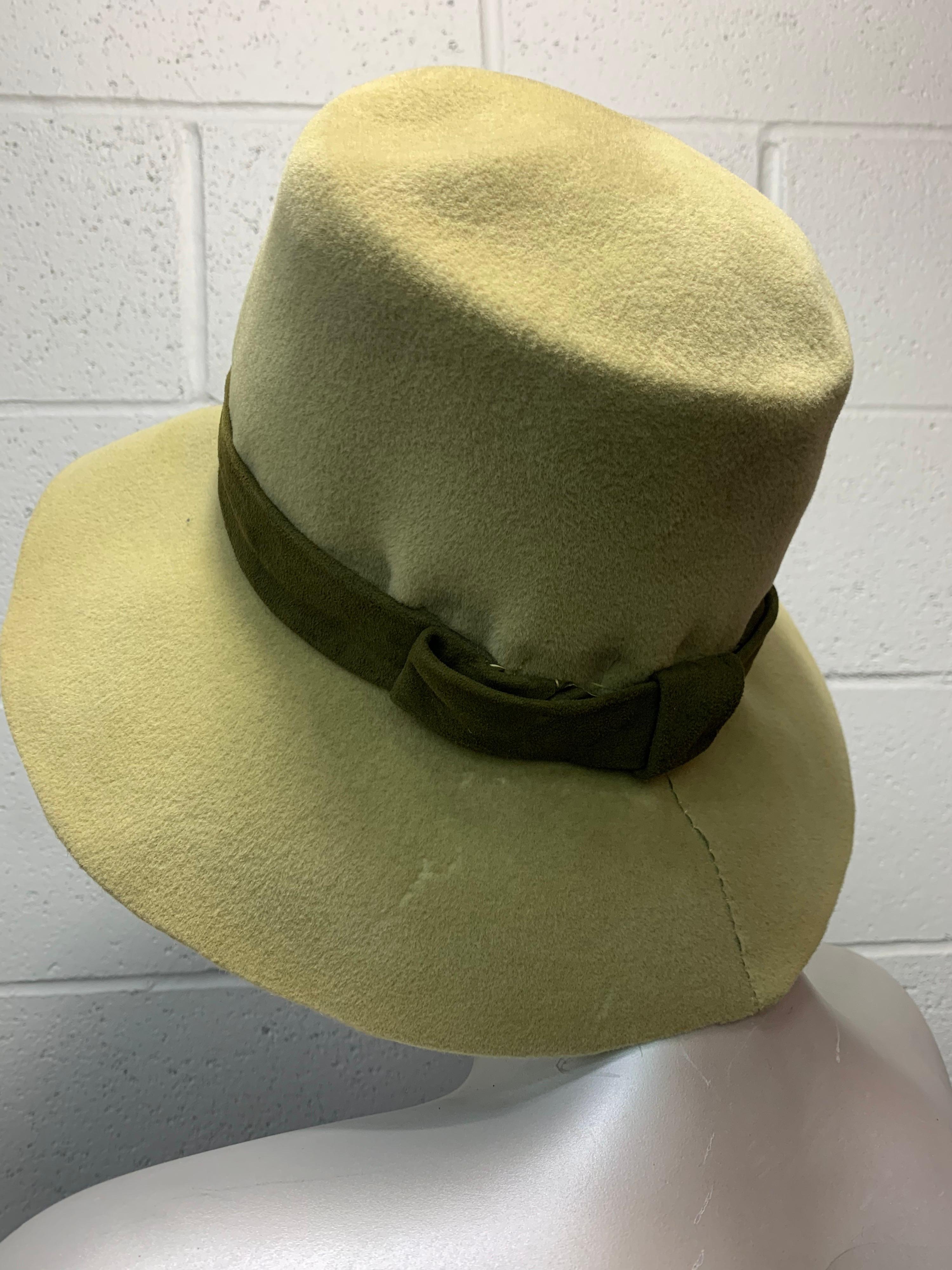 Brown 1960 Mildred Warner Peridot Felt Fedora w/ Olive Suede Band For Sale