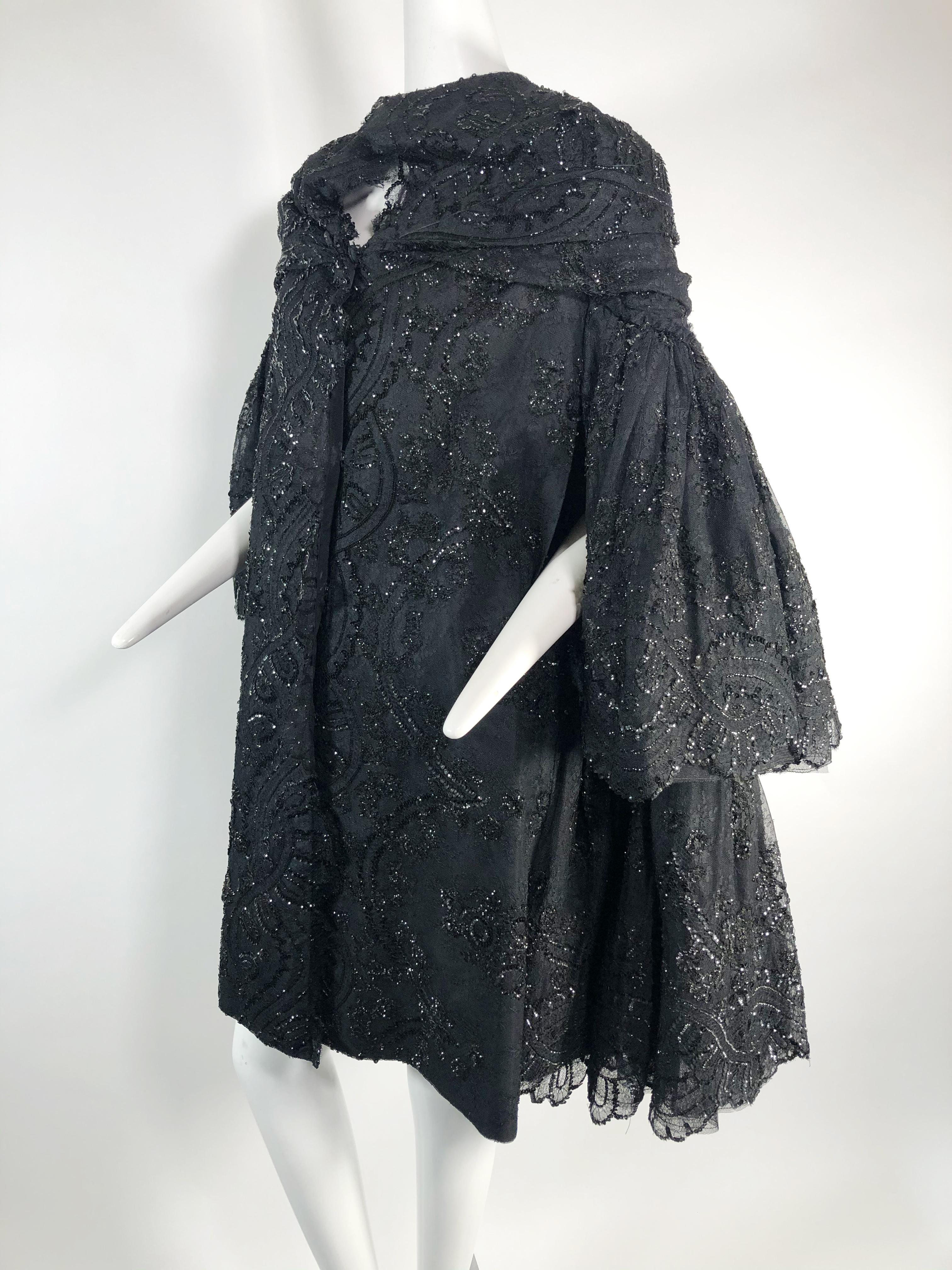 1960 Mitzi Gaynor Black Lace Beaded Couture Cape designed by Pedro Rodriguez In Excellent Condition In Gresham, OR