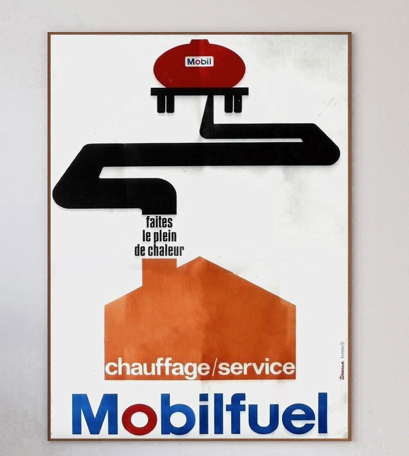 Beautiful midcentury design by Taranne for Mobilfuel depicting a large oil tanker fuelling a home with heating and services. Mobil was founded in 1911 following the ruling to split John D. Rockerfeller's Standard Oil up in to separate entities and