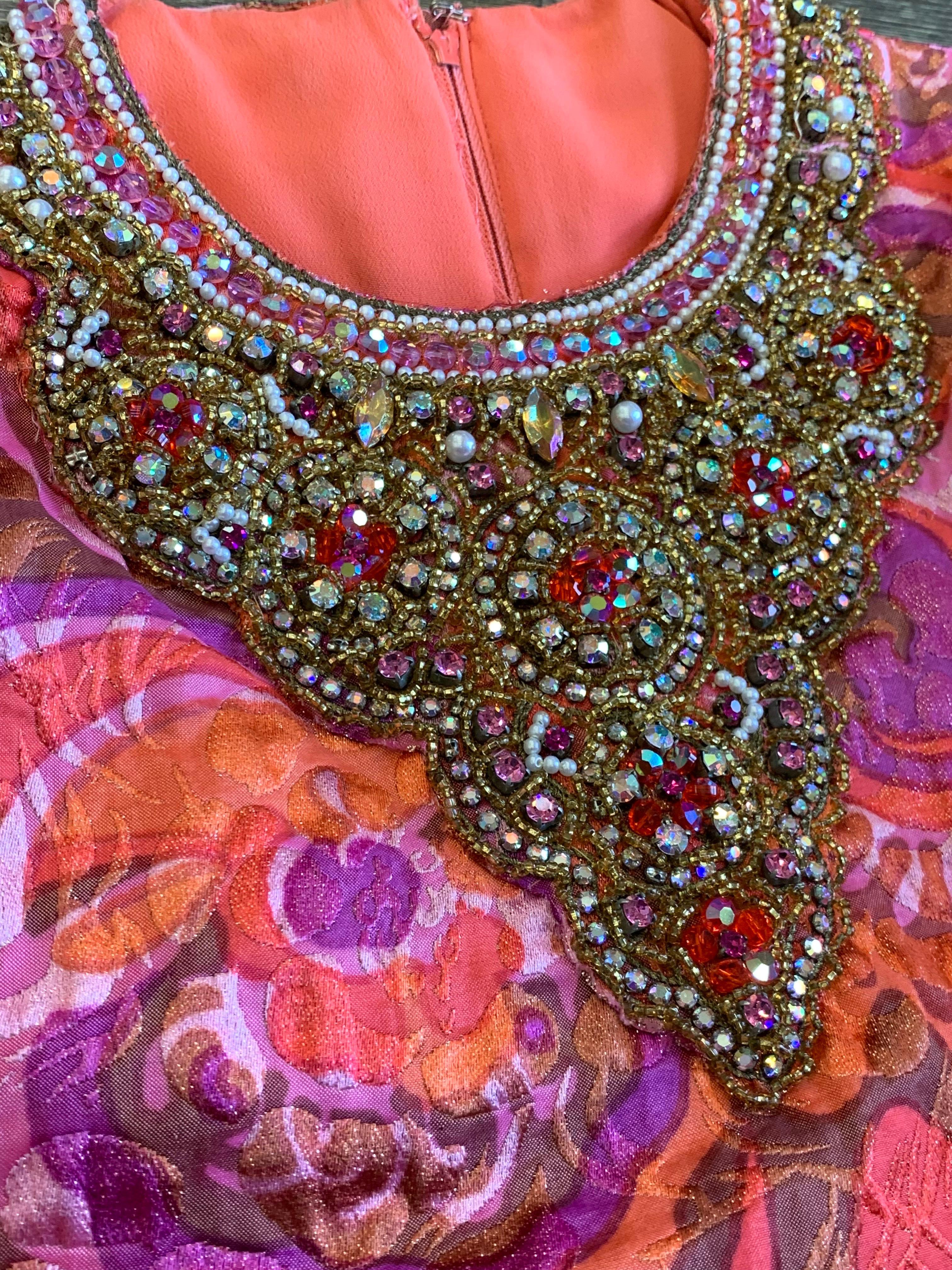1960 Mod Lame Brocade Sleeveless Column Gown w/ Heavily Jeweled Mughal Neckline For Sale 9