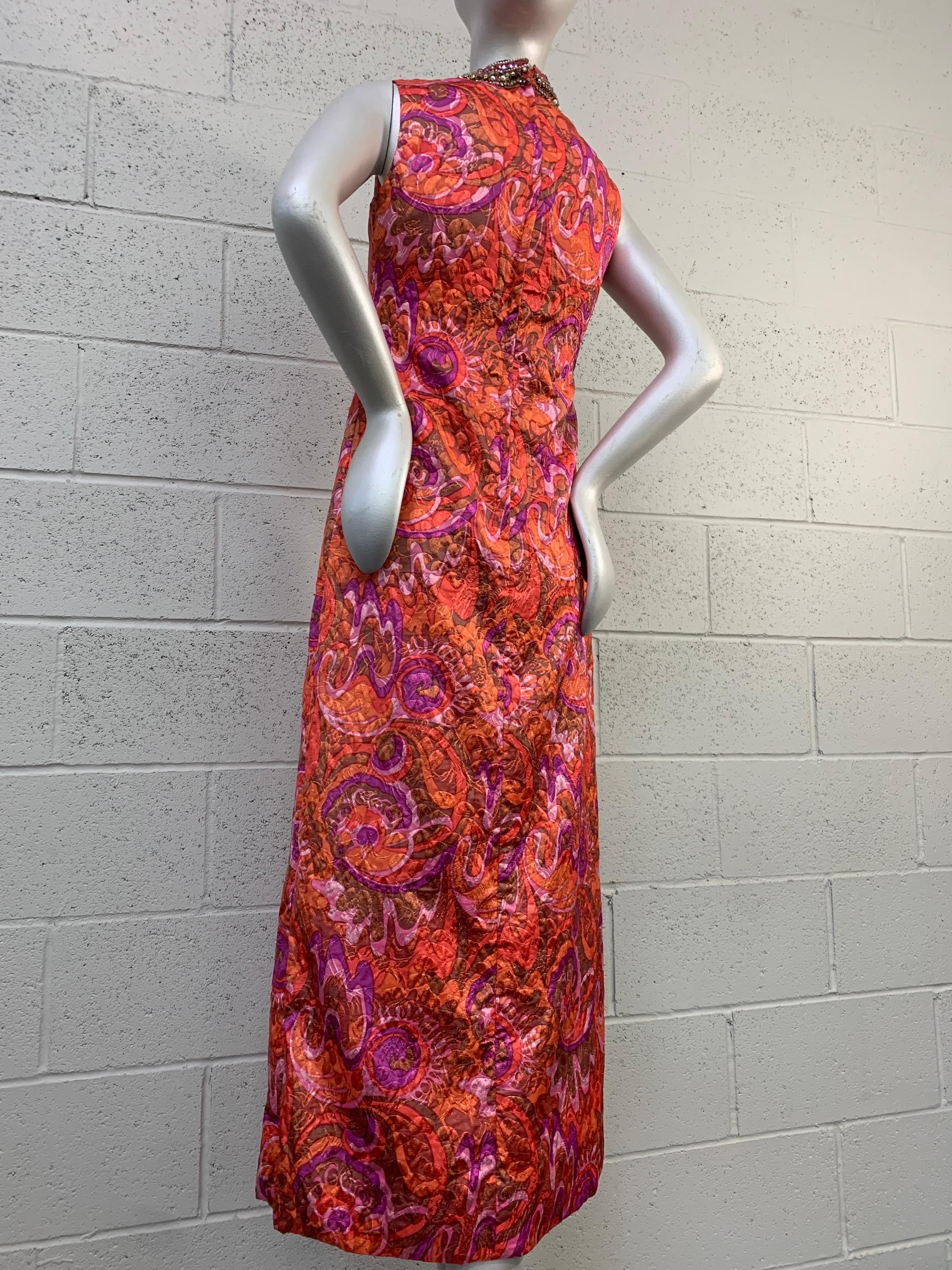 1960 Mod Lame Brocade Sleeveless Column Gown w/ Heavily Jeweled Mughal Neckline In Excellent Condition For Sale In Gresham, OR