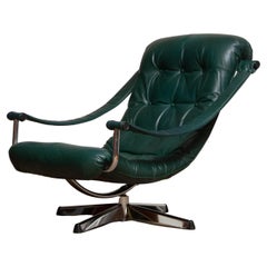 1960 Moderen Design Oxford Green Leather and Chrome Swivel Chair by Göte Mobler