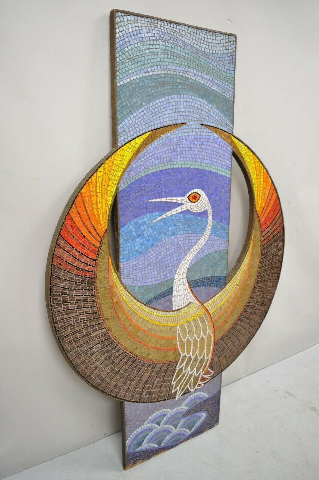 Item: 1960 Mosaic tile blue orange Phoenix bird large wall Art by Wilcke Smith. Item is signed by artist to rear, large impressive size, vibrant color. Made by Mrs. Wilcke Smith in 1960 for Brigadier General Albert H. Schwichtenberg. Circa 1960.