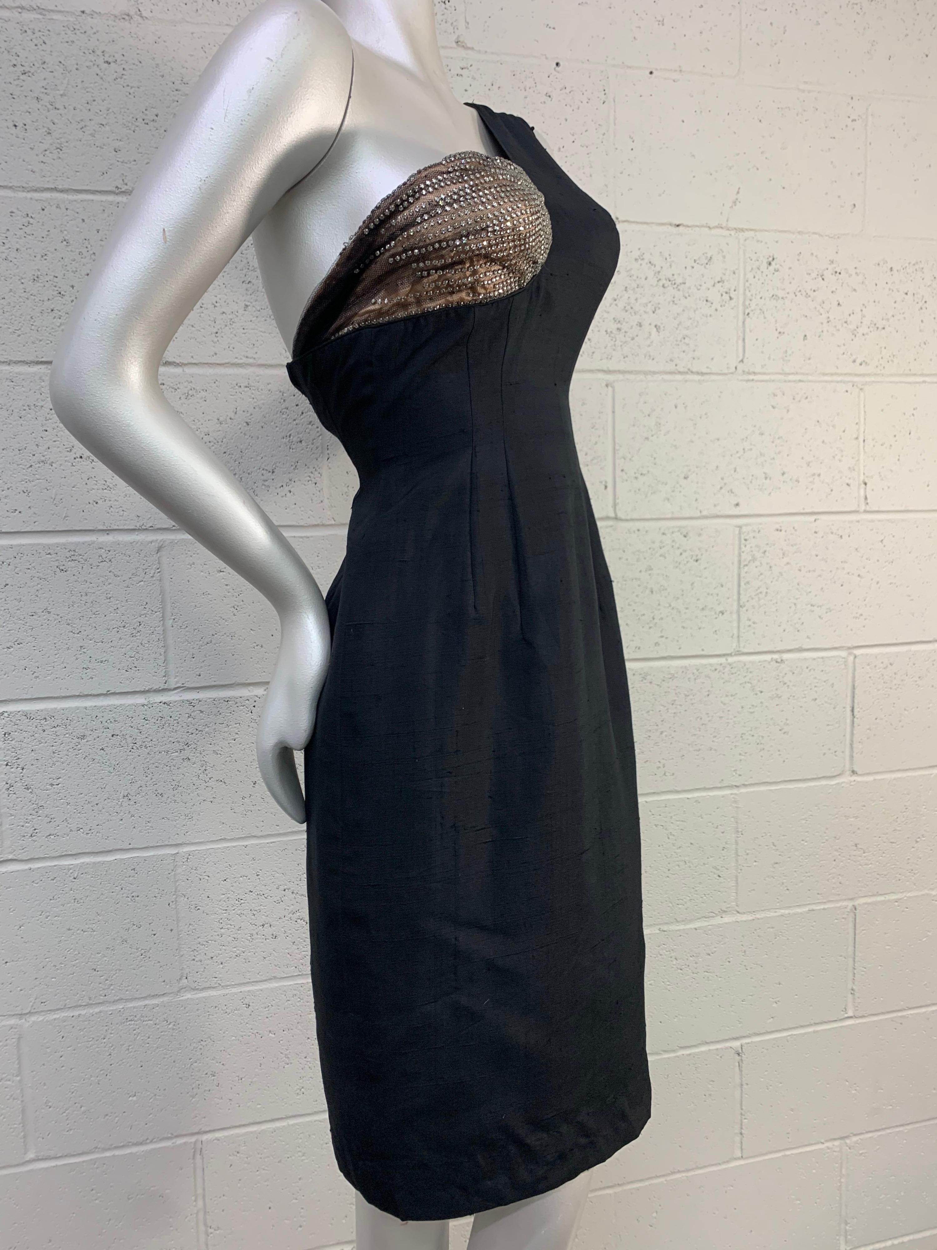 1960 Mr. Blackwell Black One-Shoulder Silk Sheath Dress w/ Rhinestone Bust For Sale 7