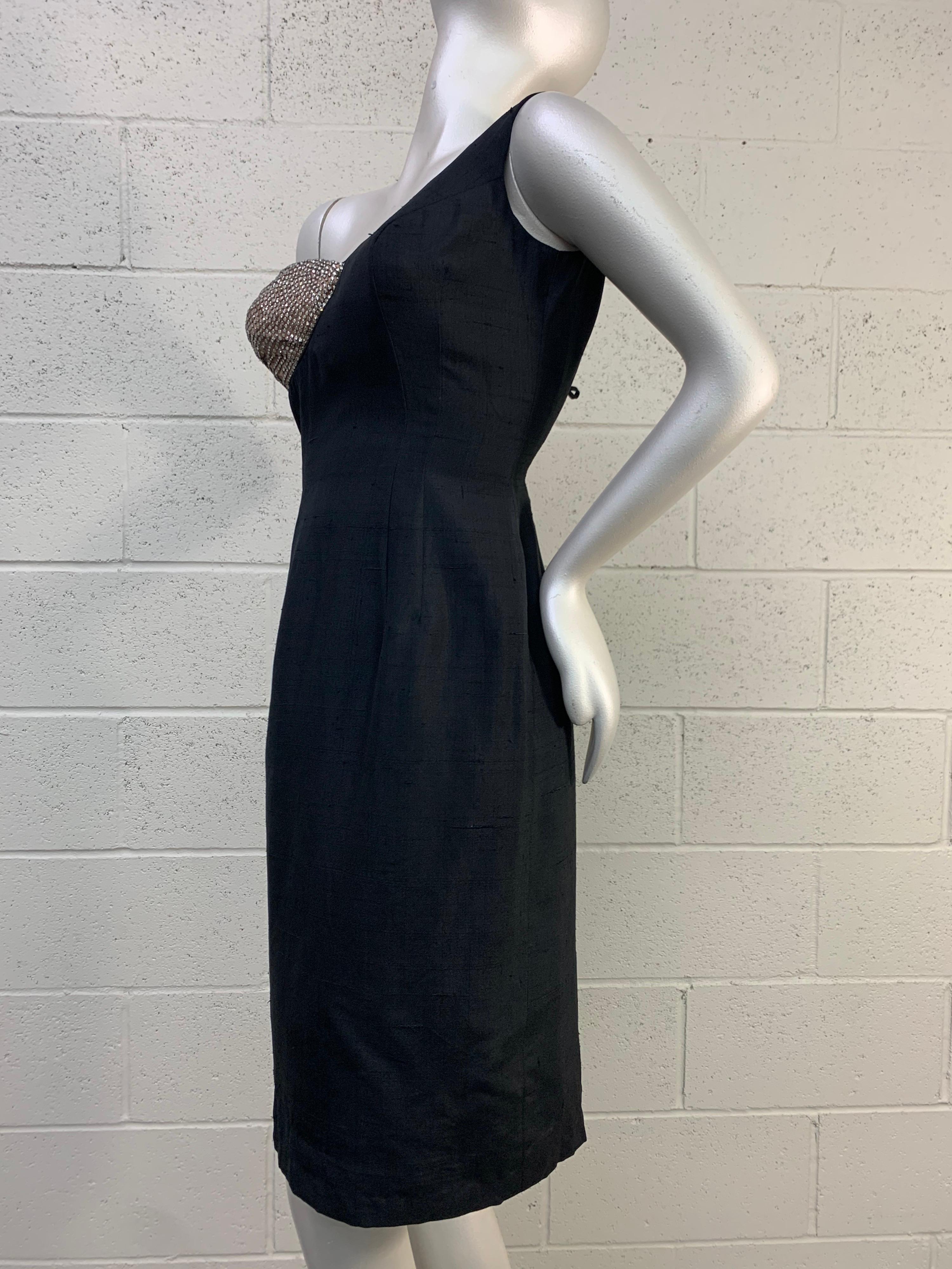 1960 Mr. Blackwell Black One-Shoulder Silk Sheath Dress w/ Rhinestone Bust For Sale 8