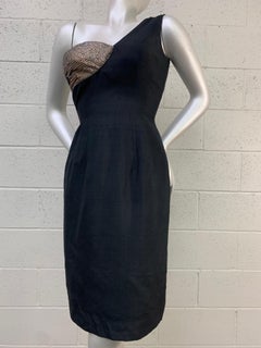 1960 Mr. Blackwell Black One-Shoulder Silk Sheath Dress w/ Rhinestone Bust