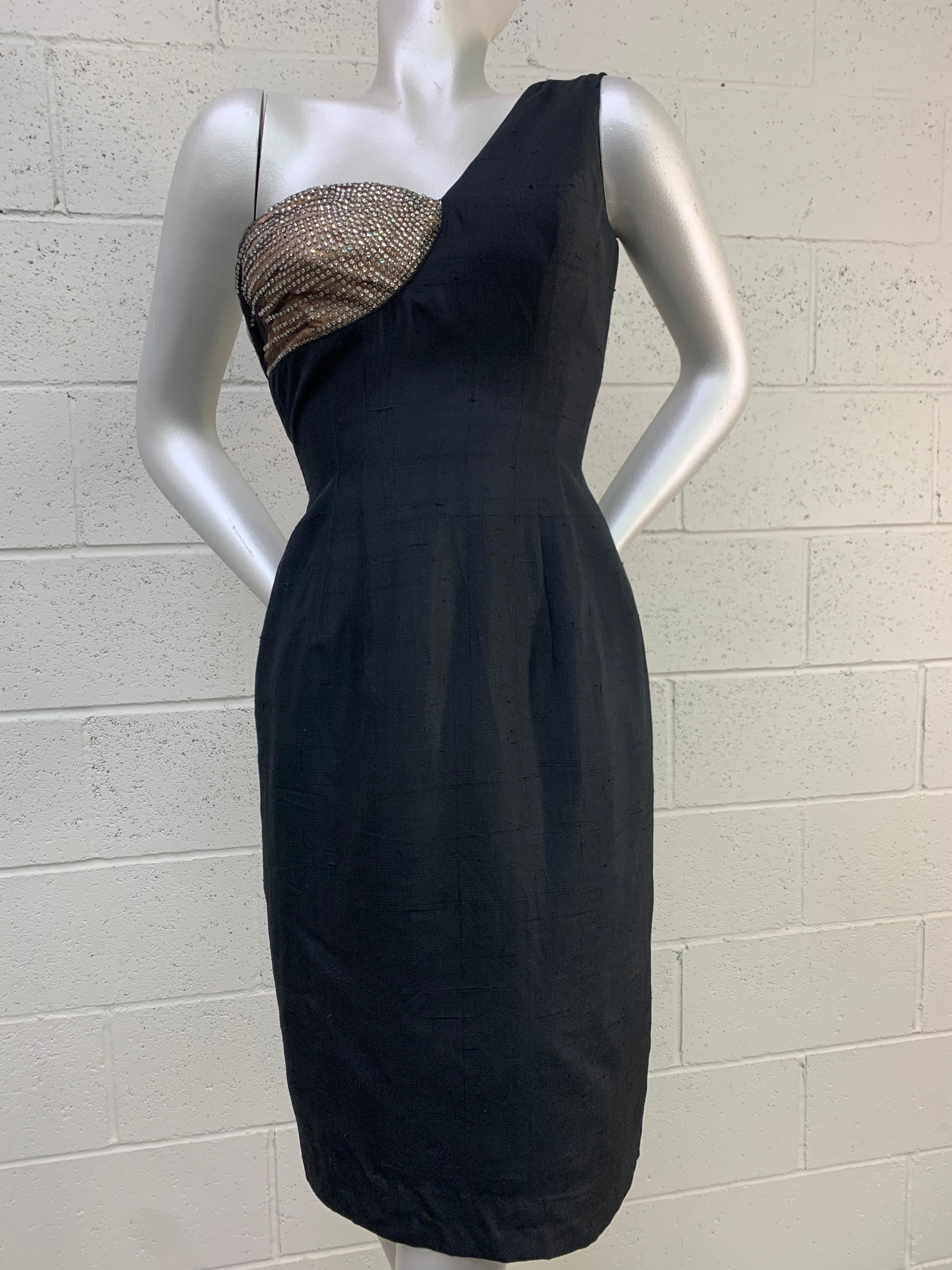 Women's 1960 Mr. Blackwell Black One-Shoulder Silk Sheath Dress w/ Rhinestone Bust For Sale