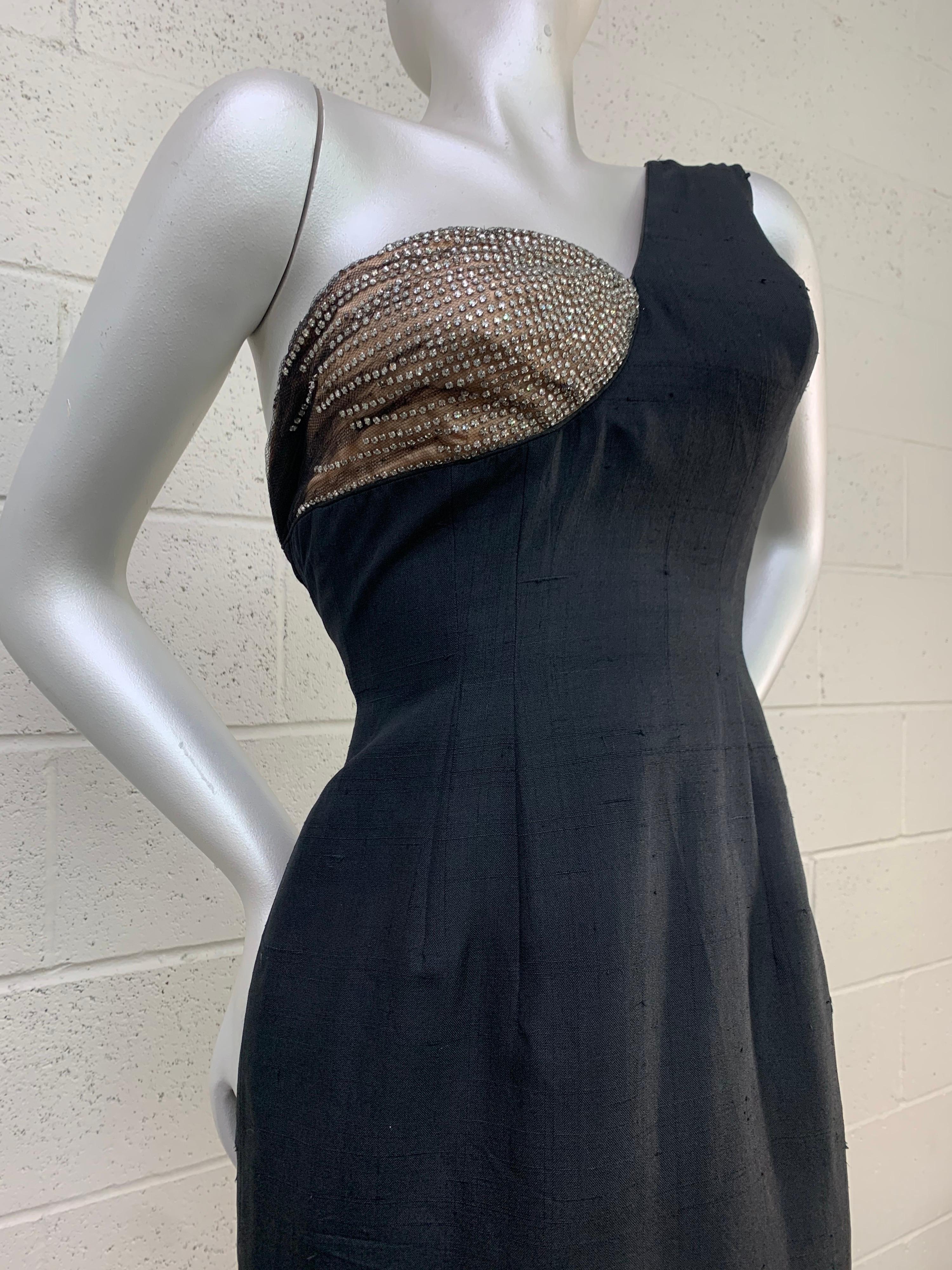 1960 Mr. Blackwell Black One-Shoulder Silk Sheath Dress w/ Rhinestone Bust For Sale 1