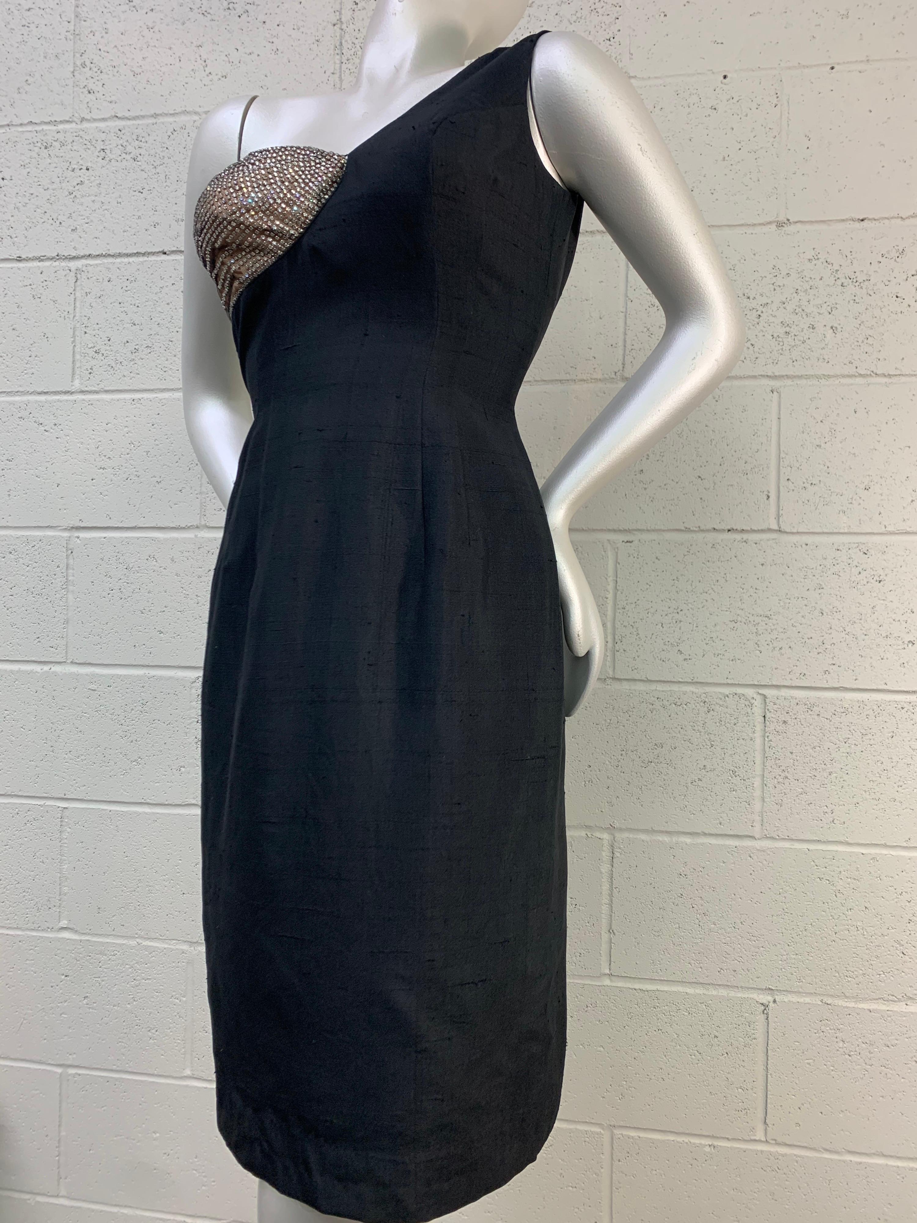 1960 Mr. Blackwell Black One-Shoulder Silk Sheath Dress w/ Rhinestone Bust For Sale 2