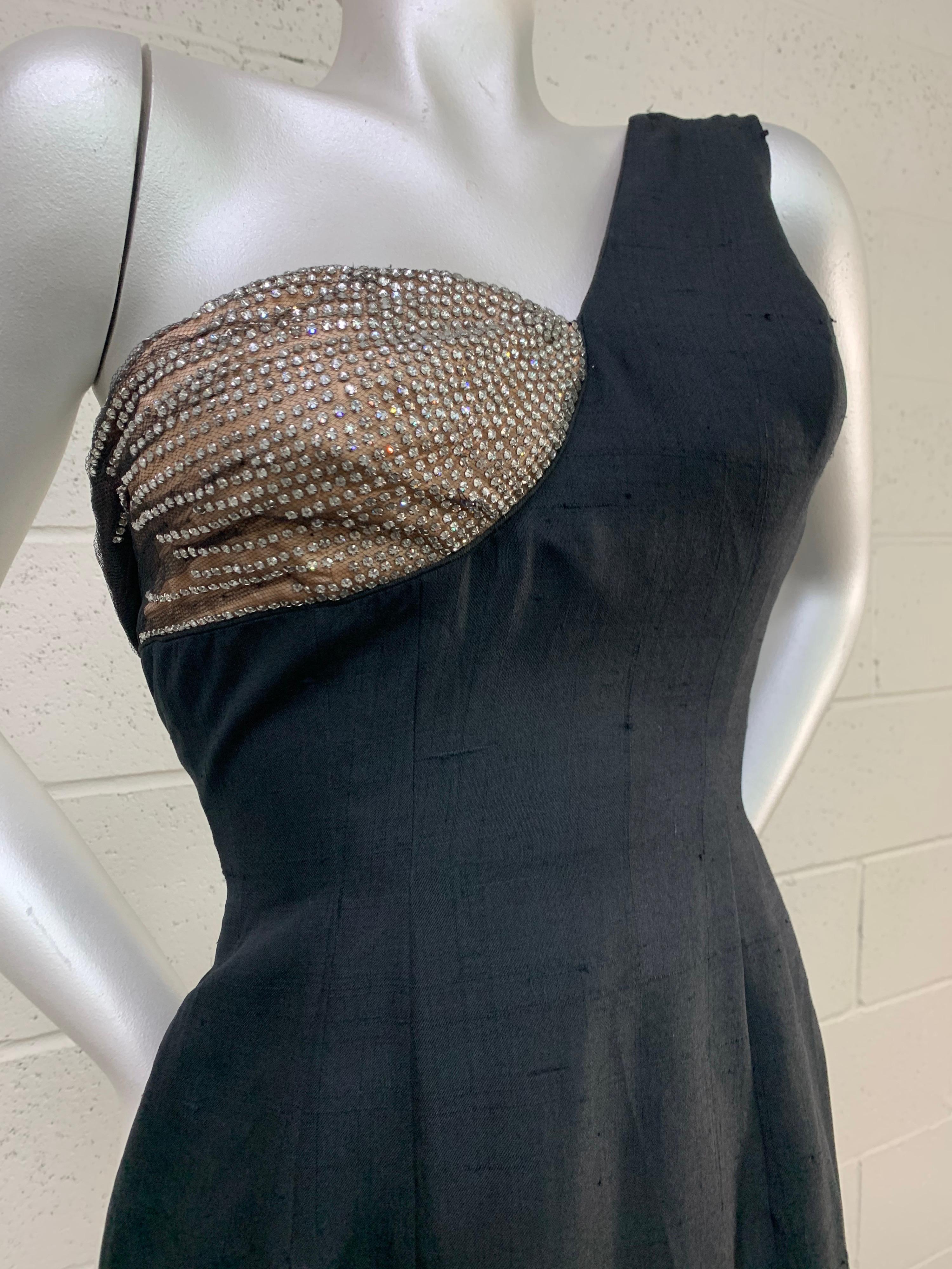 1960 Mr. Blackwell Black One-Shoulder Silk Sheath Dress w/ Rhinestone Bust For Sale 3