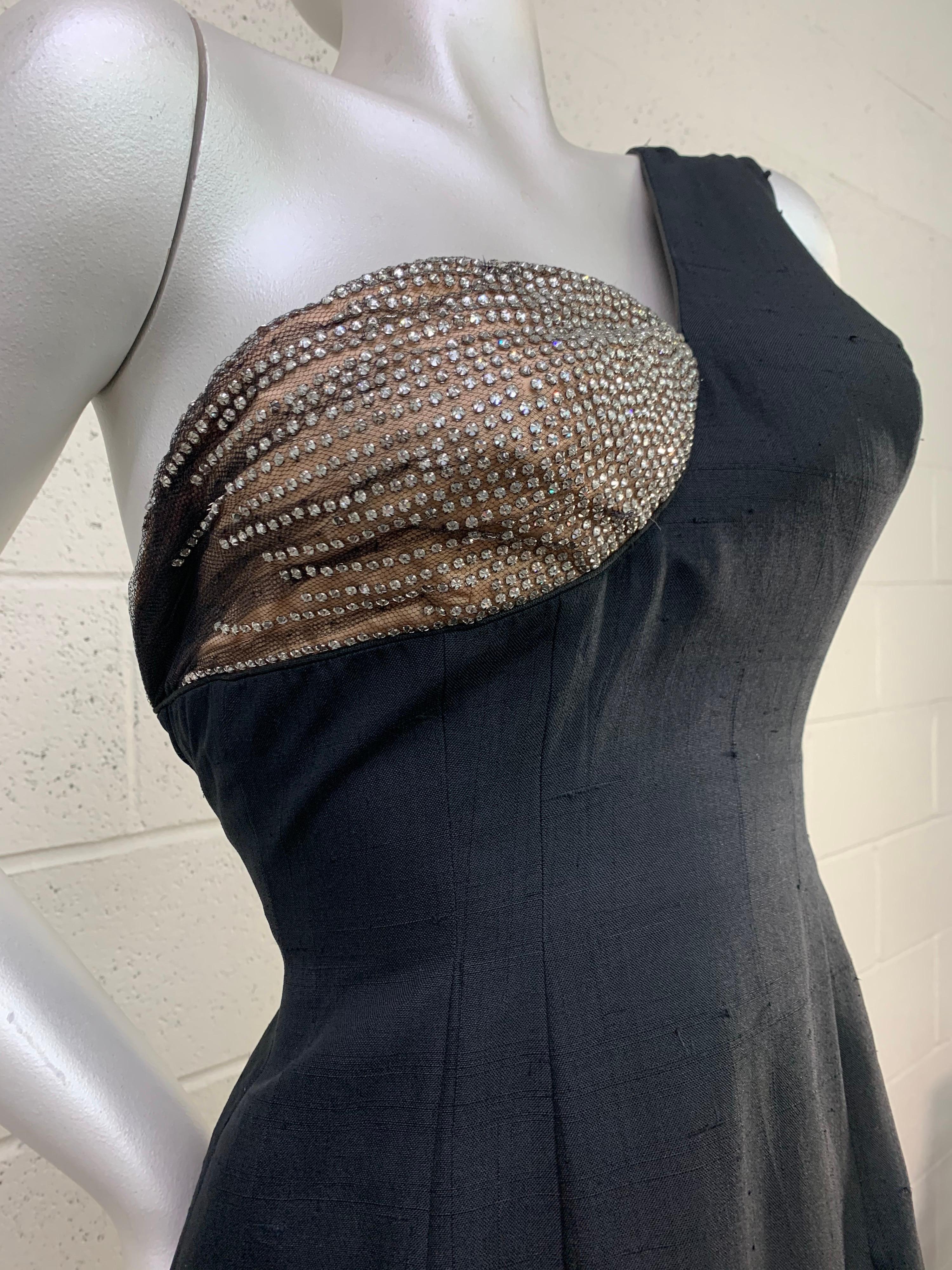 1960 Mr. Blackwell Black One-Shoulder Silk Sheath Dress w/ Rhinestone Bust For Sale 4