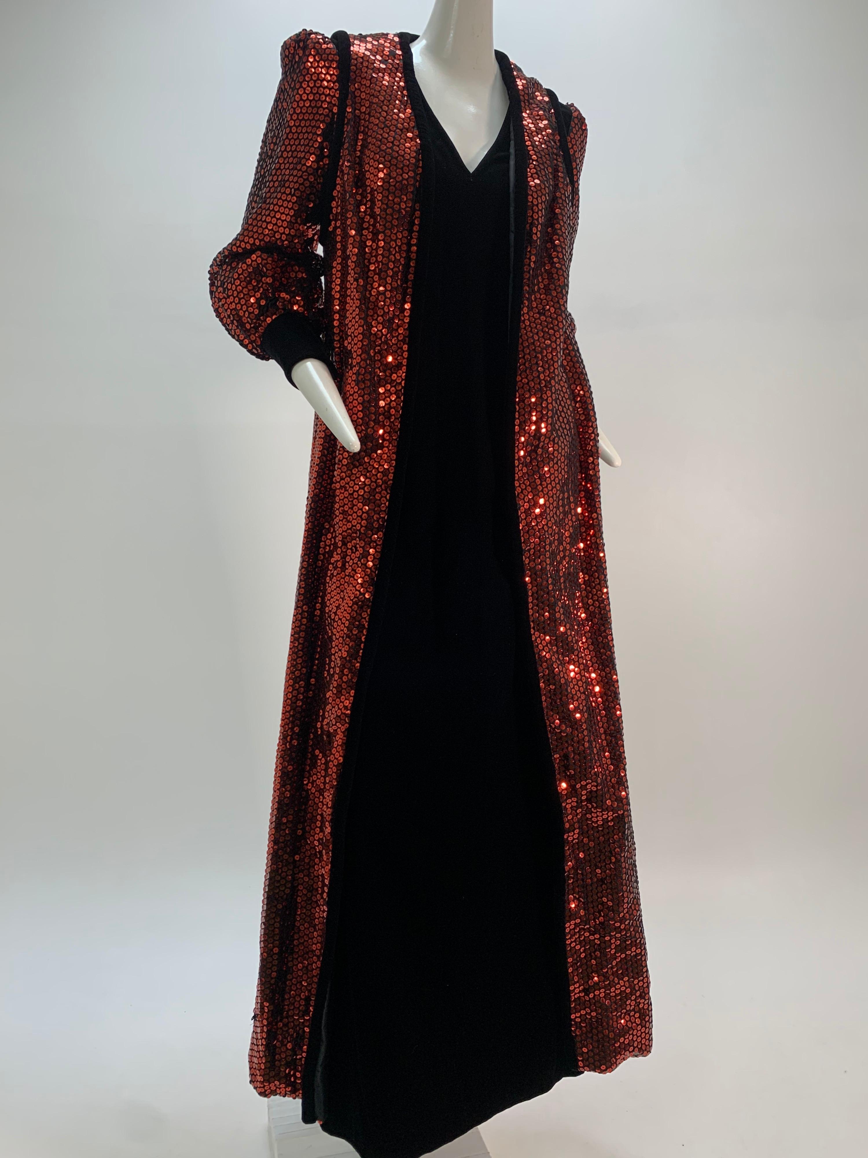 1960 Mr. Blackwell Crimson Red Sequin Black Velvet Gown & Vest Ensemble  For Sale 3