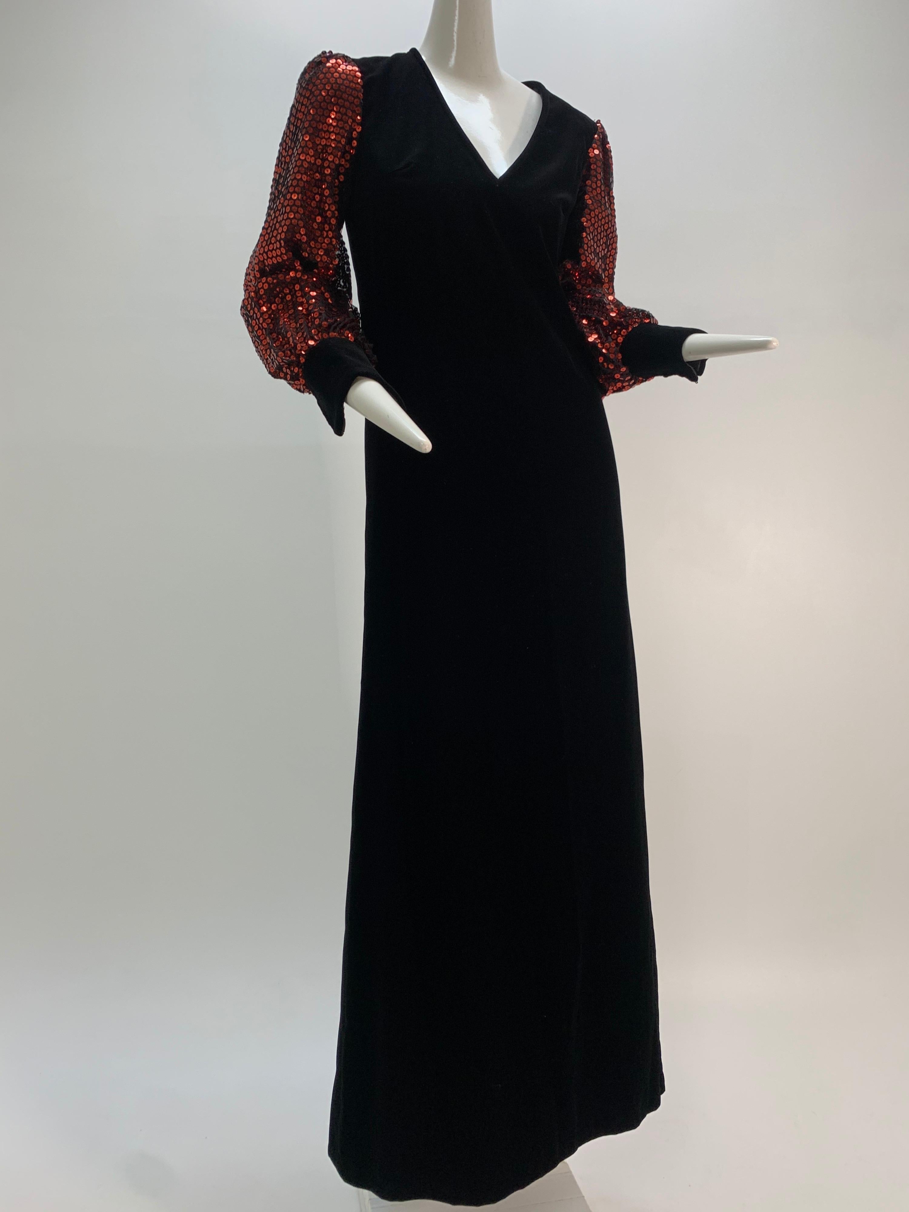 1960 Mr. Blackwell Crimson Red Sequin Black Velvet Gown & Vest Ensemble  For Sale 6