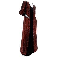 Retro 1960 Mr. Blackwell Crimson Red Sequin Black Velvet Gown & Vest Ensemble 