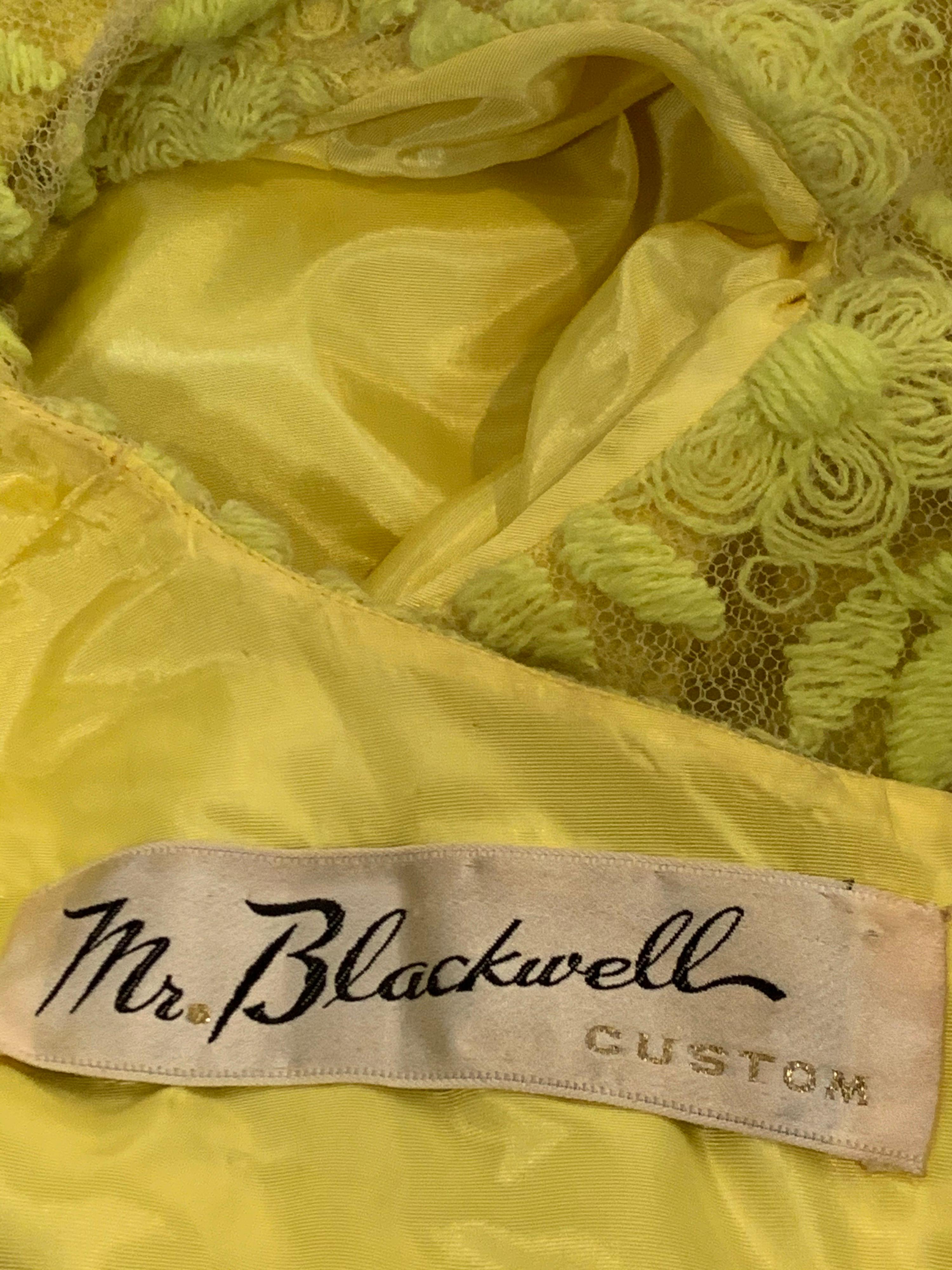 1960 Mr. Blackwell Fluorescent Yellow Embroidered Floral Net Trapeze Dress  For Sale 8
