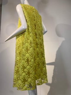 1960 Mr. Blackwell Fluorescent Yellow Embroidered Floral Net Trapeze Dress