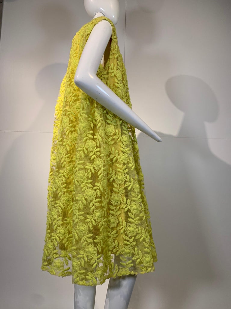 Women's 1960 Mr. Blackwell Fluorescent Yellow Embroidered Floral Net Trapeze Dress  For Sale