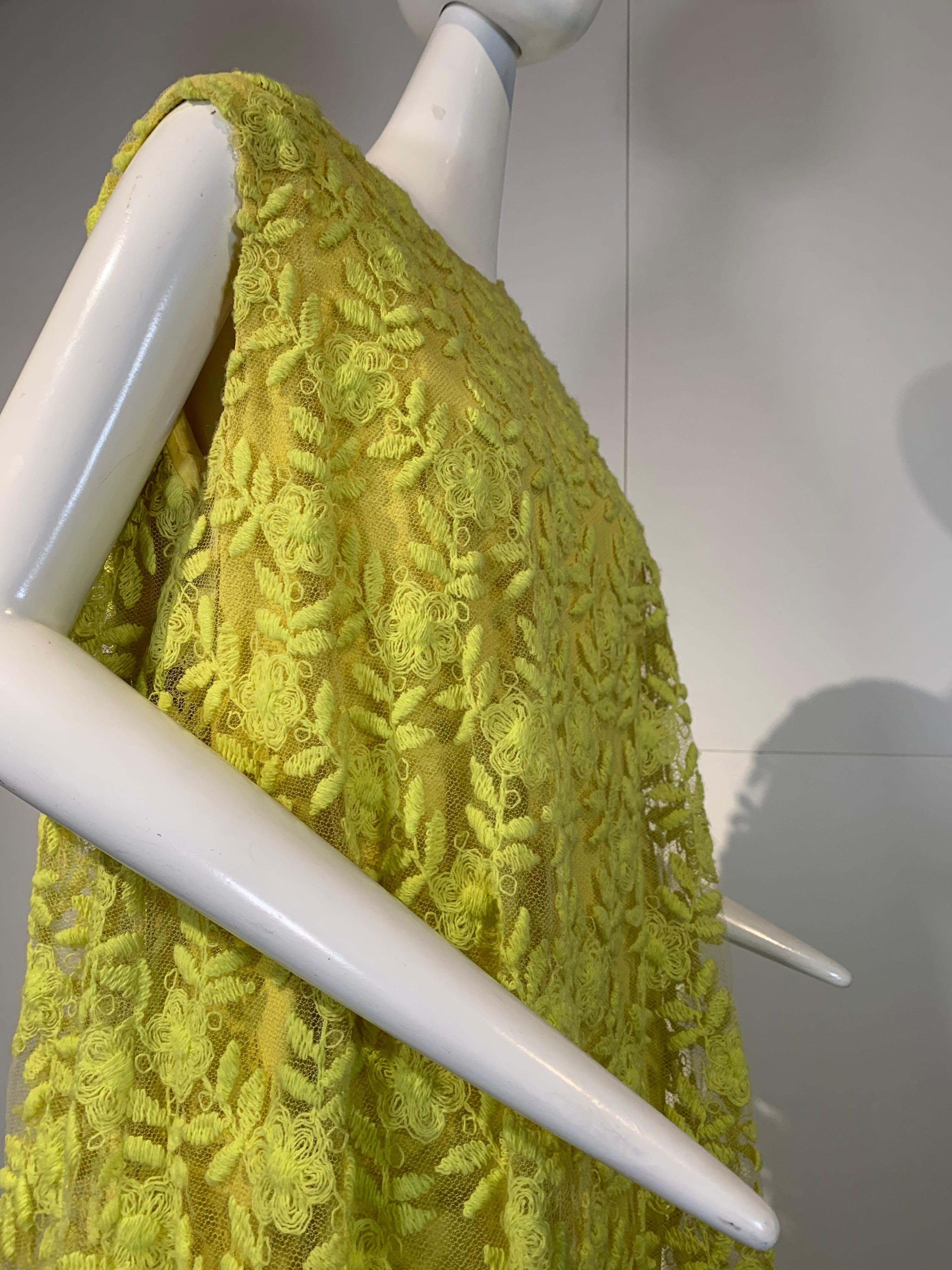 1960 Mr. Blackwell Fluorescent Yellow Embroidered Floral Net Trapeze Dress  In Excellent Condition For Sale In Gresham, OR