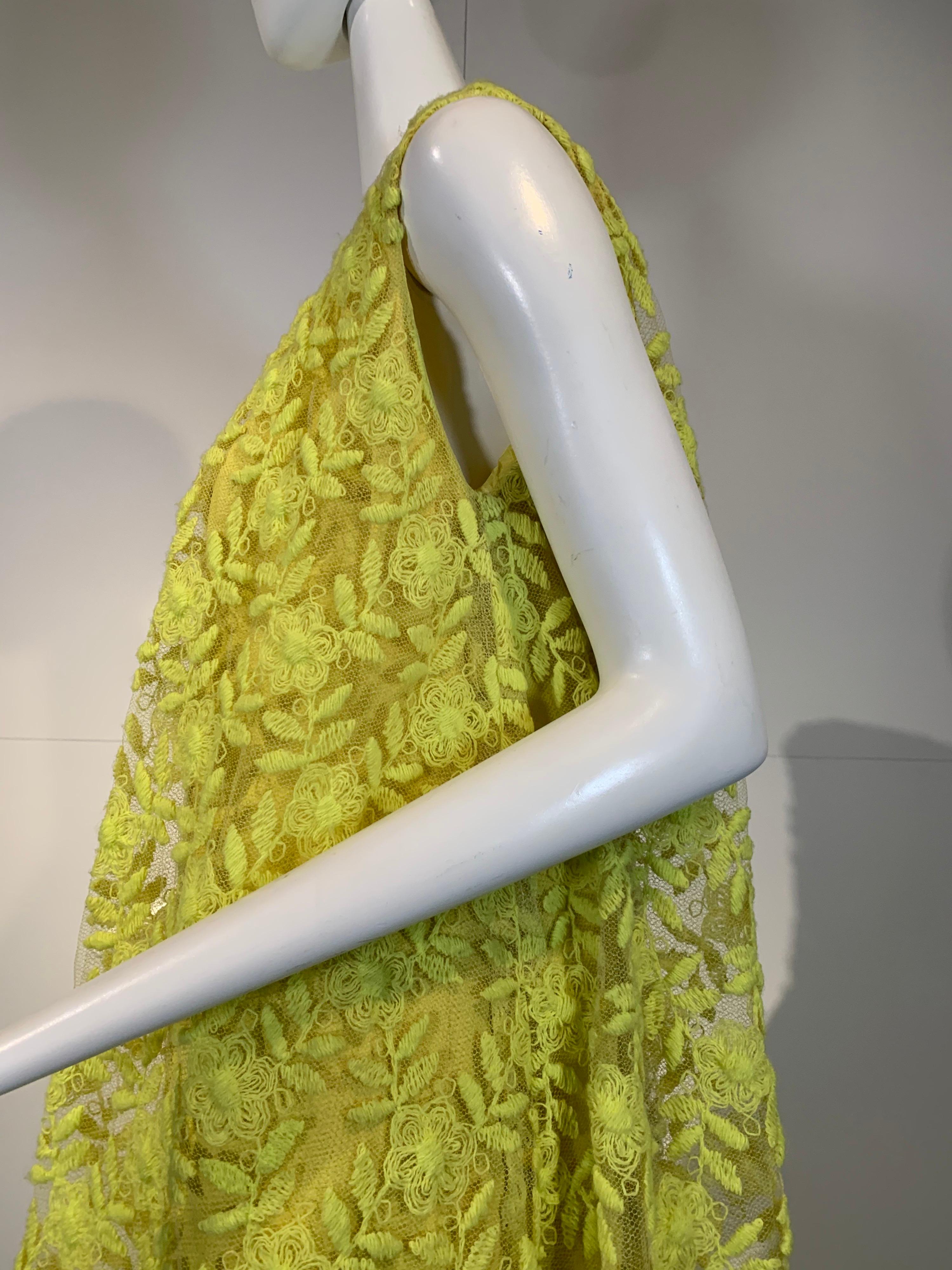 1960 Mr. Blackwell Fluorescent Yellow Embroidered Floral Net Trapeze Dress  For Sale 1