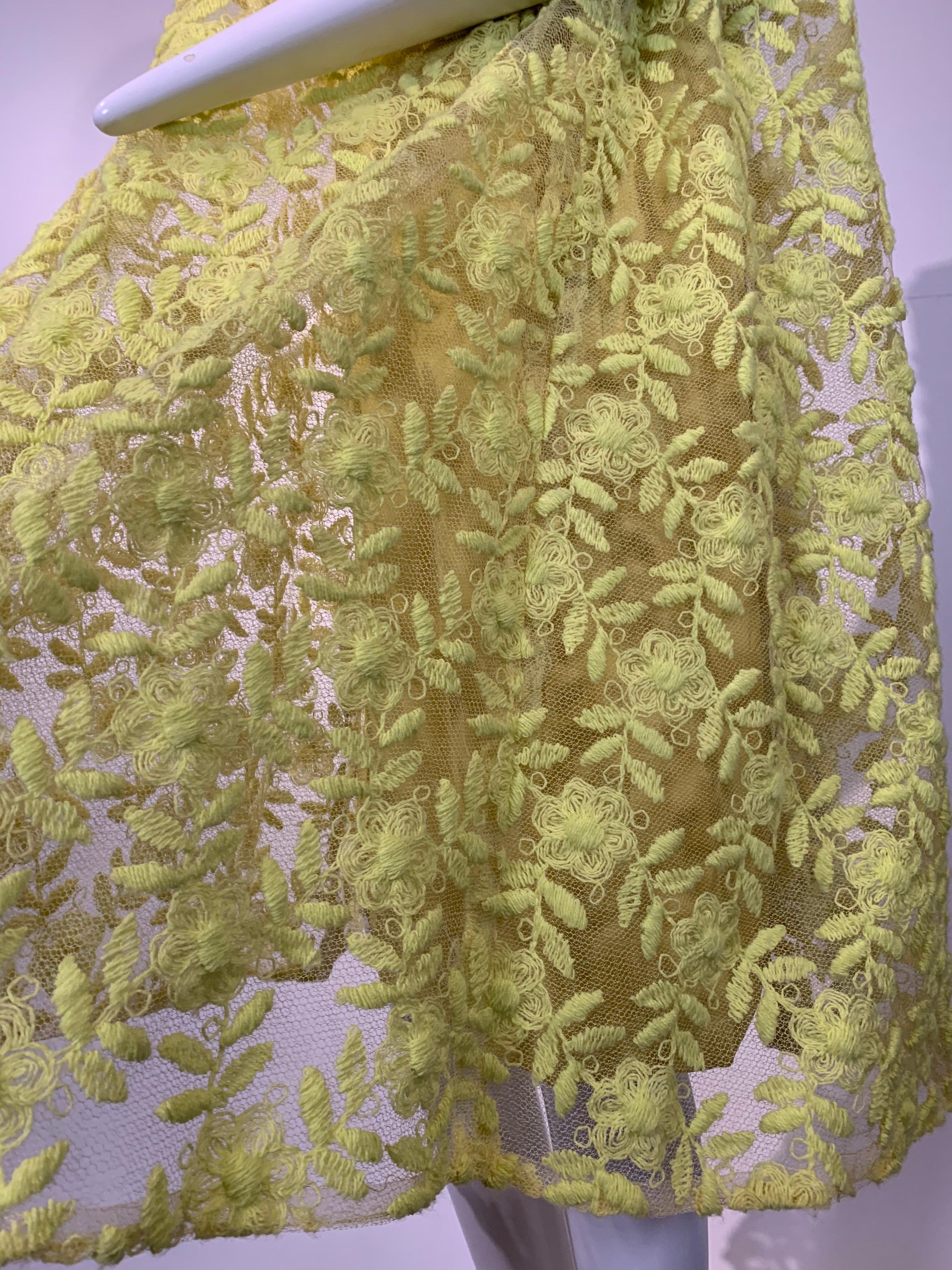 1960 Mr. Blackwell Fluorescent Yellow Embroidered Floral Net Trapeze Dress  For Sale 2