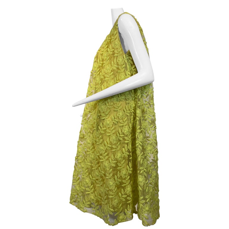 1960 Mr. Blackwell Fluorescent Yellow Embroidered Floral Net Trapeze Dress  For Sale