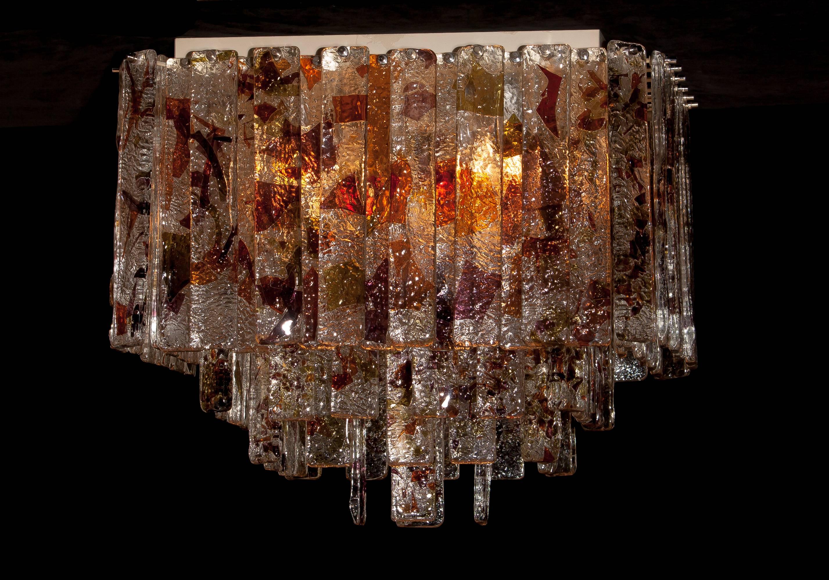 1960 Multi Colored Italian Squared Venini Murano Crystal Ceiling Lamp by Mazzega 1