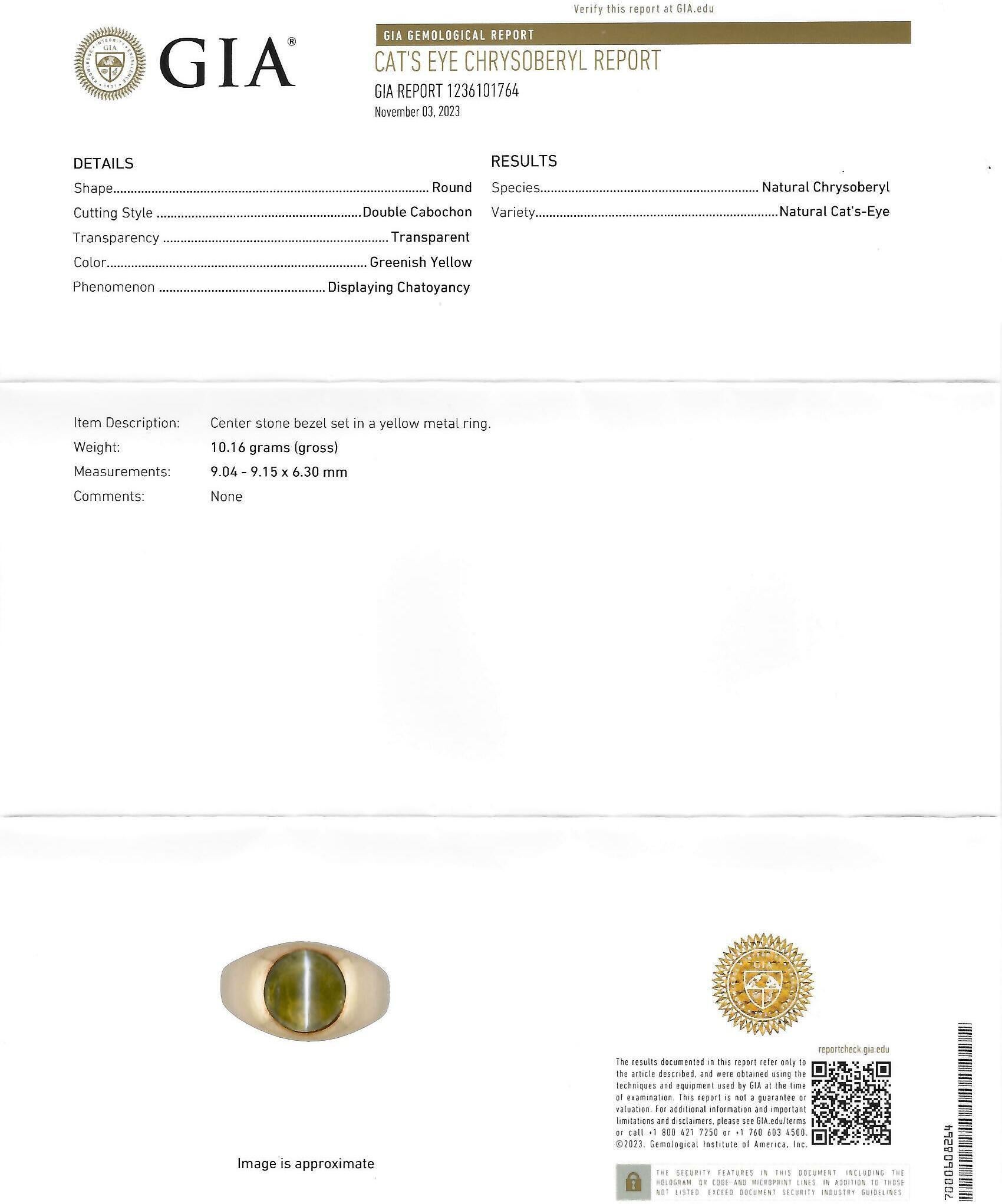1960 Natural Cat's Eye Chrysoberyl 14 Karat Yellow Gold Vintage Signet Ring GIA For Sale 8