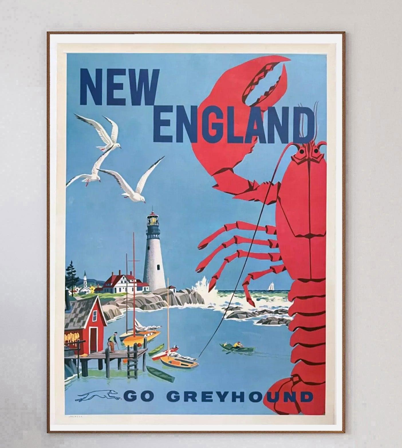 Beautiful and very rare mid century marvel from 1960, this poster was created by Greyhound to promote their bus routes to New England in the USA. Greyhound was founded in 1914 and still continues to this day as the largest inter-city bus provider in