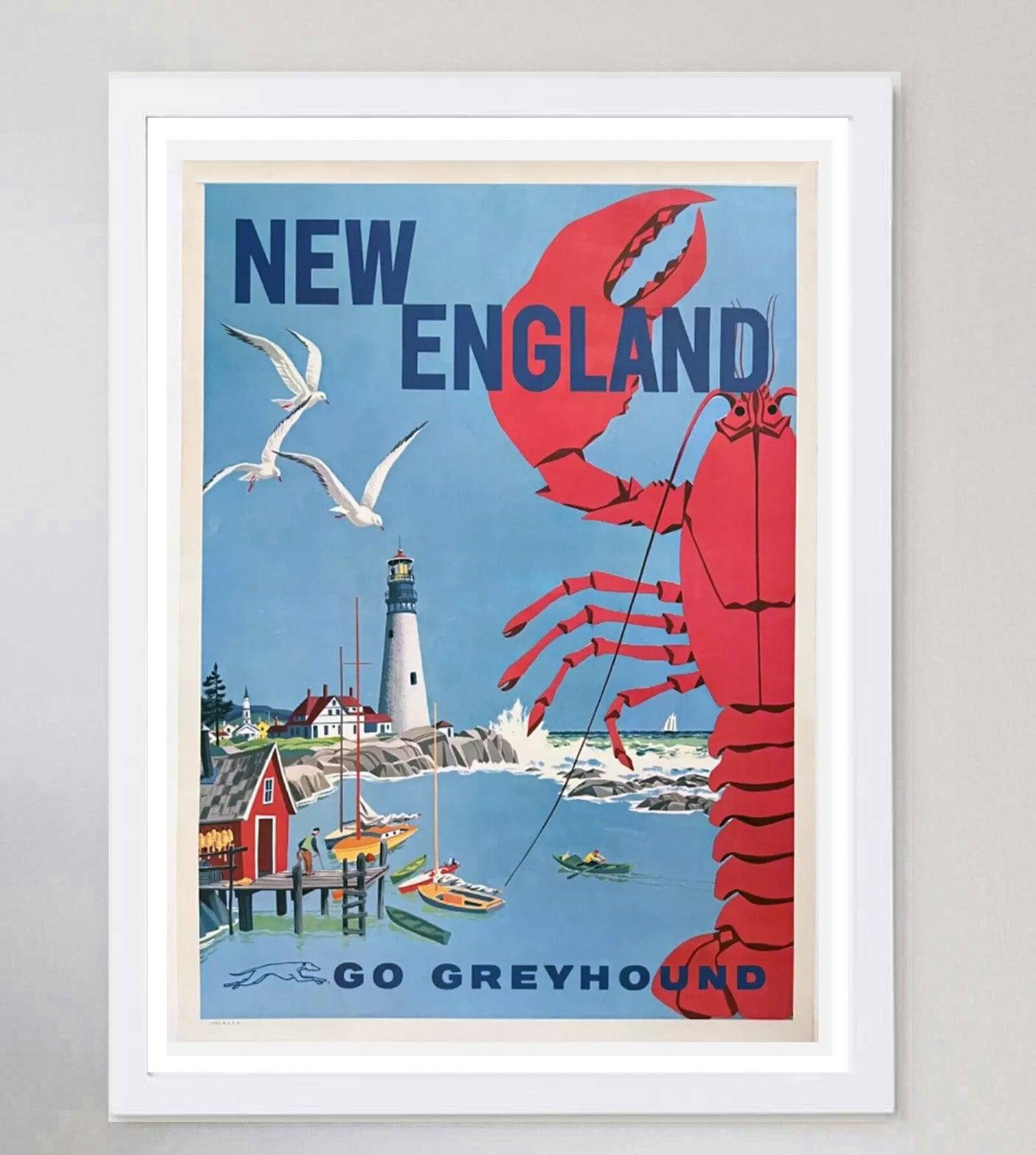 Mid-20th Century 1960 New England - Go Greyhound Original Vintage Poster For Sale