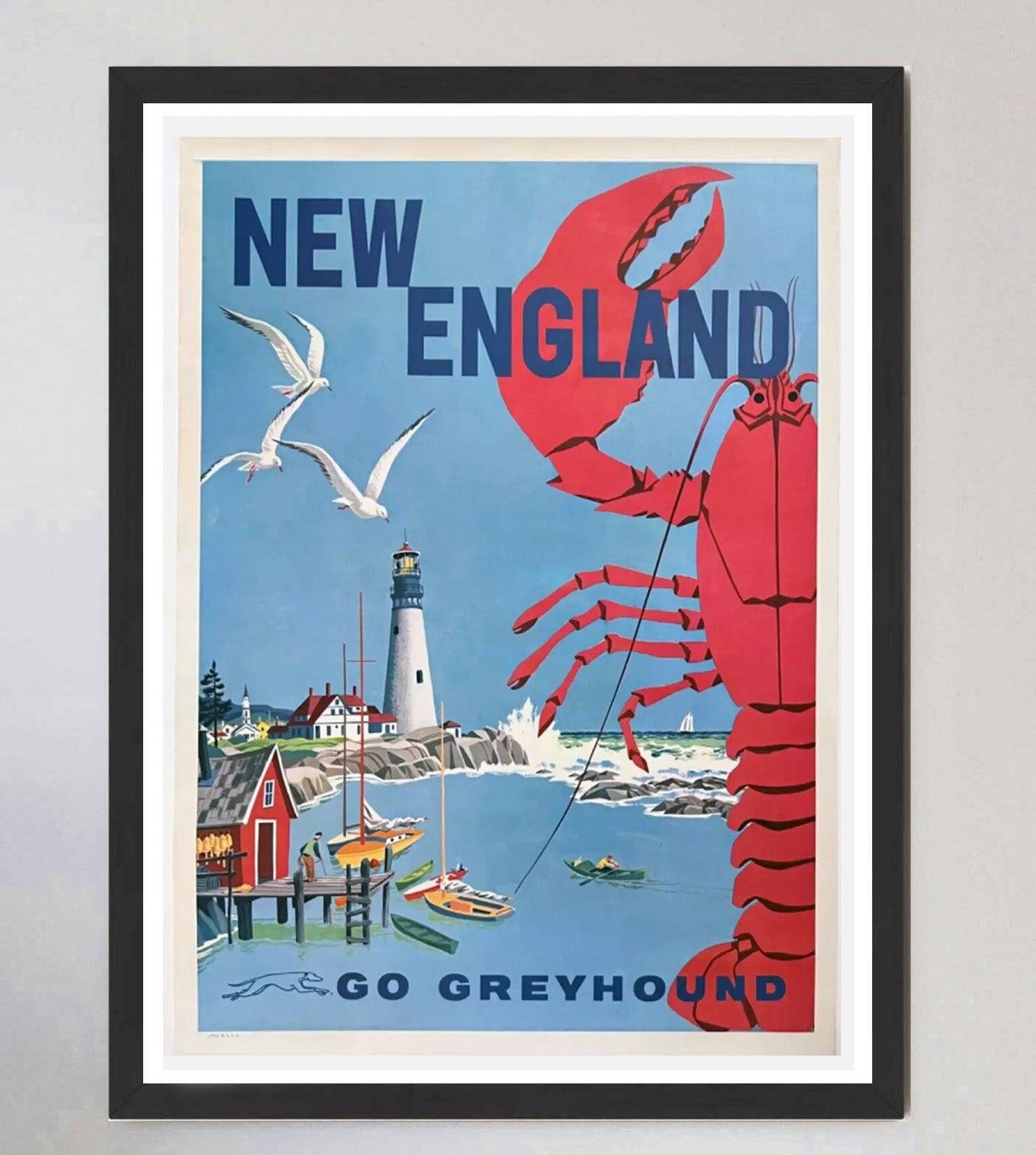 Linen 1960 New England - Go Greyhound Original Vintage Poster For Sale