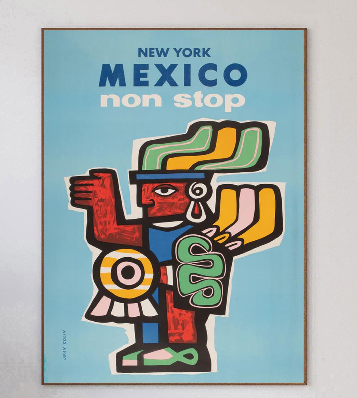Dieses atemberaubende Plakat des großen französischen Künstlers Jean Colin wurde 1960 geschaffen, um für Non-Stop-Flugverbindungen von New York nach Mexiko zu werben. Dieses Stück, das eine Maya-Figur im typischen Condit-Stil darstellt, hat