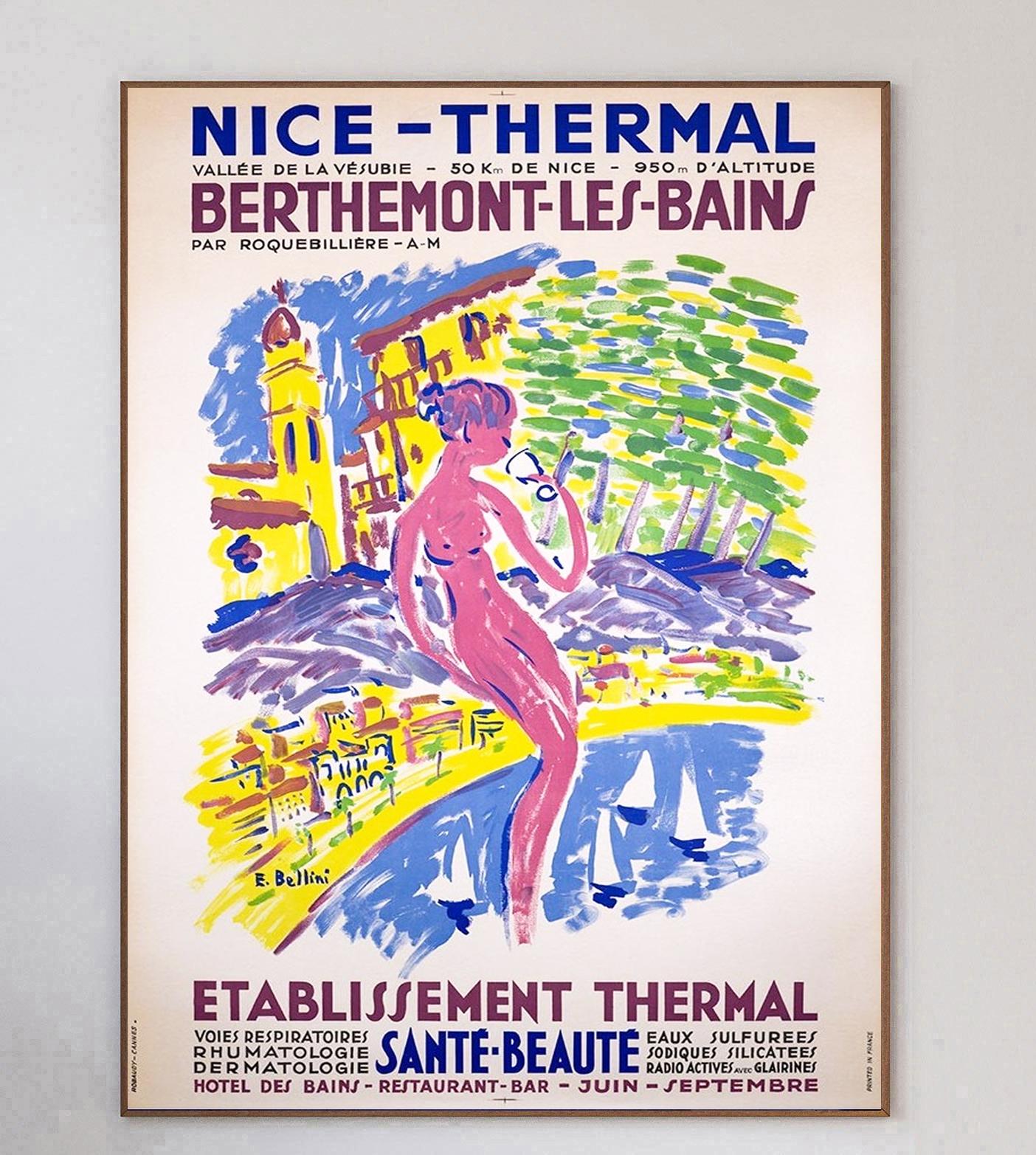 Beautiful poster from 1960 promoting the thermal spas of Berthemont-Les-Bains in Nice in the South of France. The spa was open from June to September and saw guests visit to help with all sorts of health issues and for general relaxation purposes.