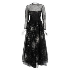 1960 Norman Norell Couture Sequin Star Novelty Black Sheer Illusion Tulle Gown