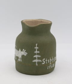 1960 North Carolina Cameo Decorated Small Pottery Pitcher by Walter Stephen