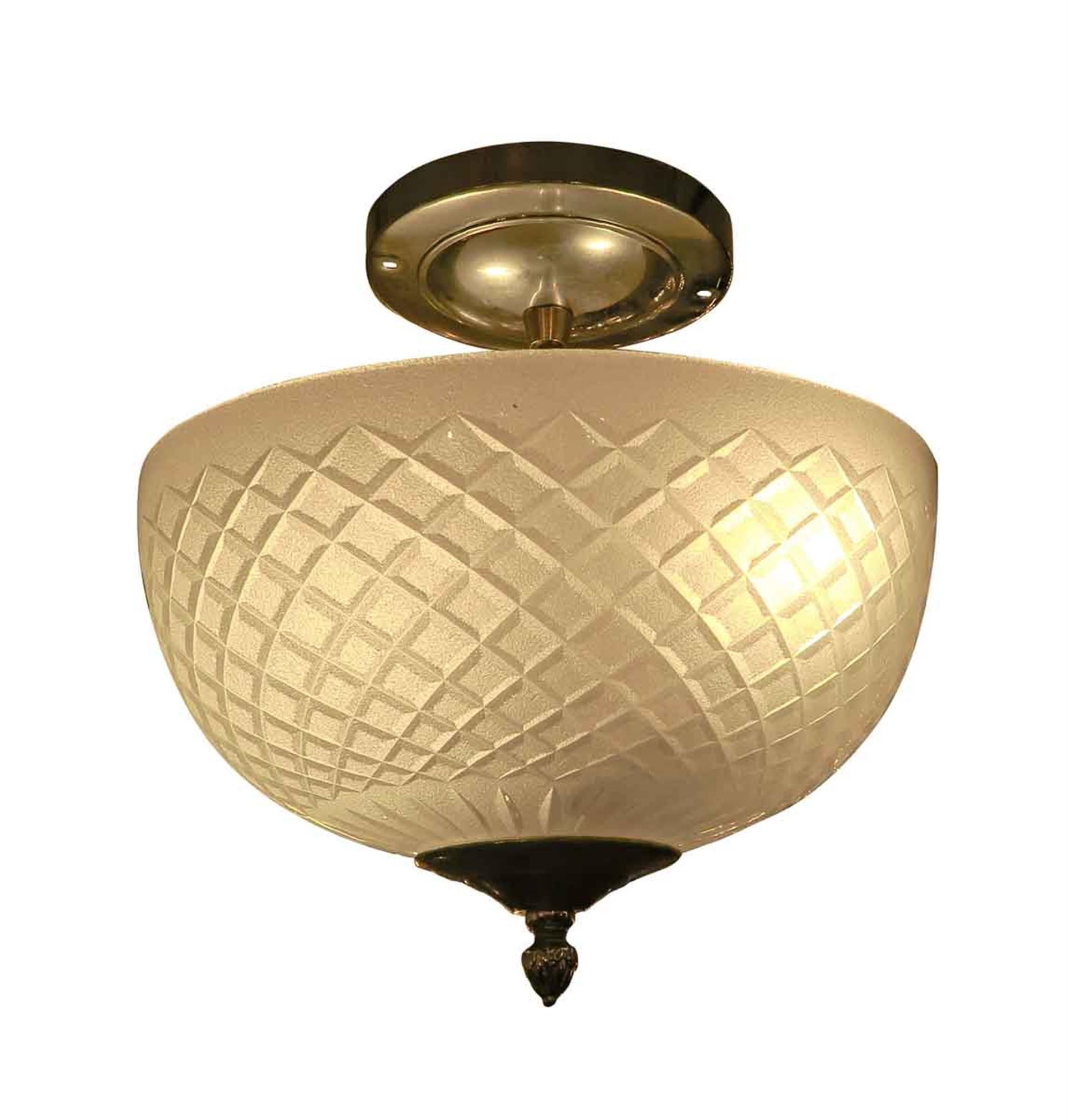 Cut crystal semi flush mount frosted light fixture with a nickel plated brass base. From the 20th century, these lights adorned various corridors of the towers of the the NYC Waldorf Astoria Hotel. Waldorf Astoria authenticity card included with