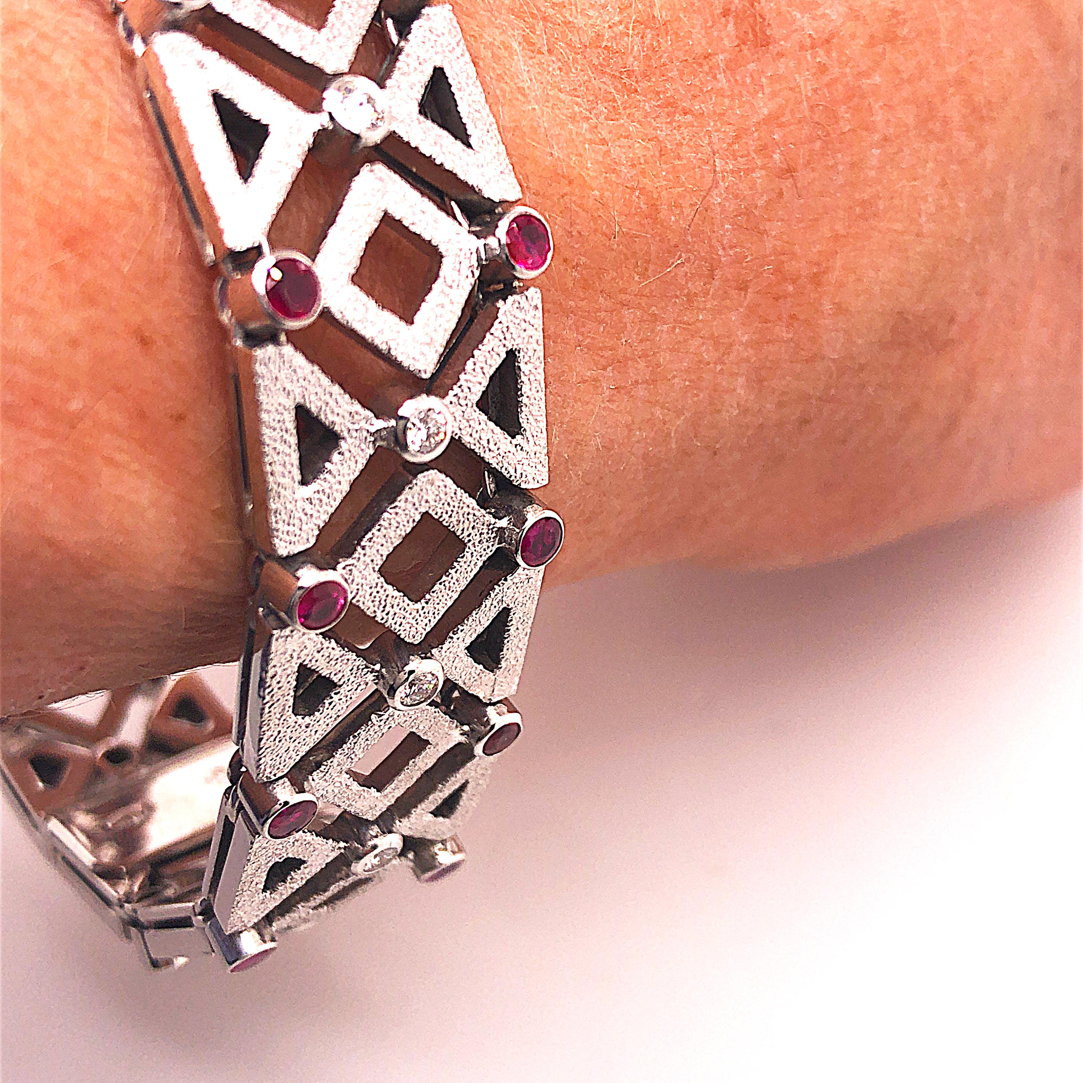 1960 One-of-a-Kind Ruby White Diamond White Gold Solid Handcrafted Bracelet For Sale 3