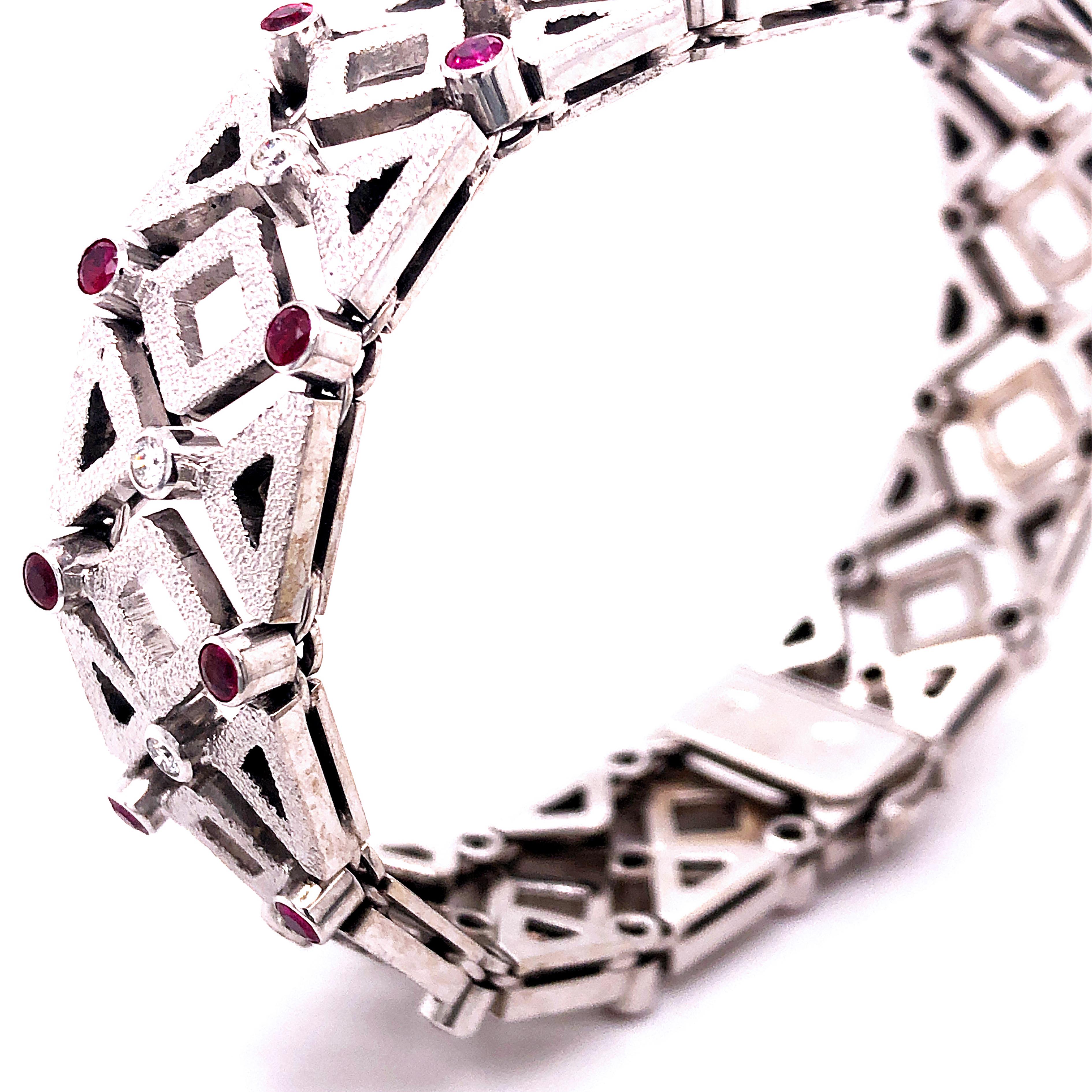 Brilliant Cut 1960 One-of-a-Kind Ruby White Diamond White Gold Solid Handcrafted Bracelet For Sale