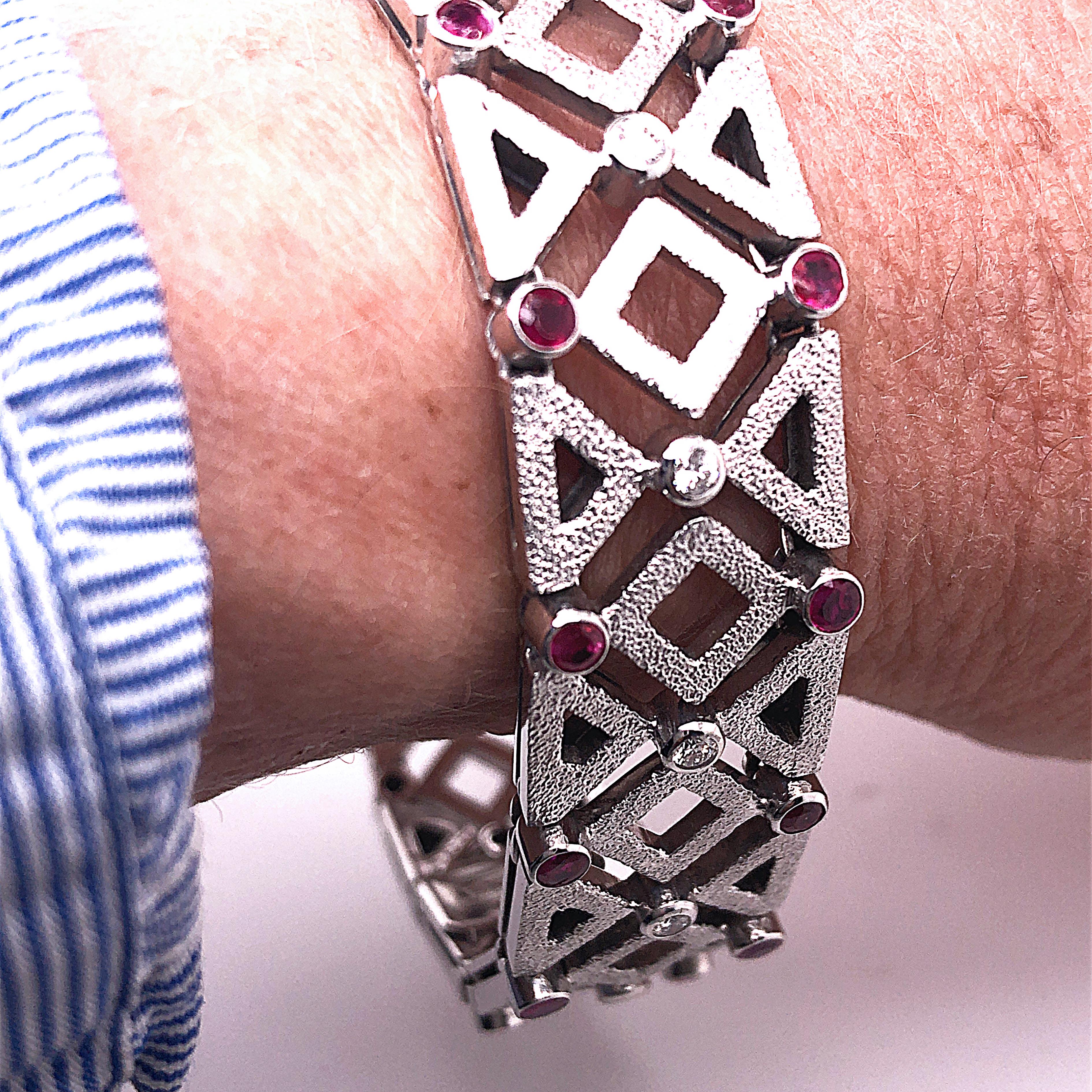 1960 One-of-a-Kind Ruby White Diamond White Gold Solid Handcrafted Bracelet For Sale 2