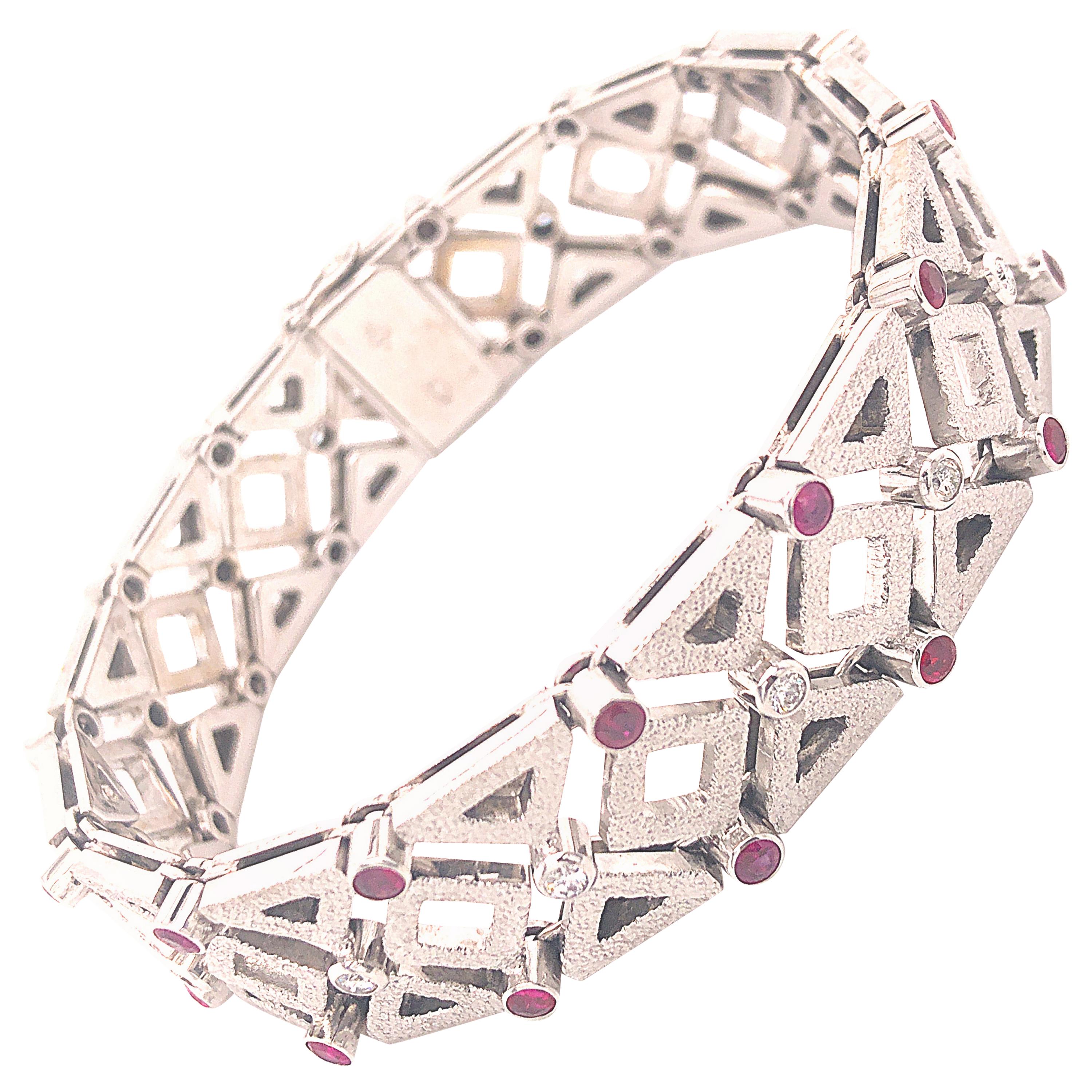 1960 One-of-a-Kind Ruby White Diamond White Gold Solid Handcrafted Bracelet For Sale