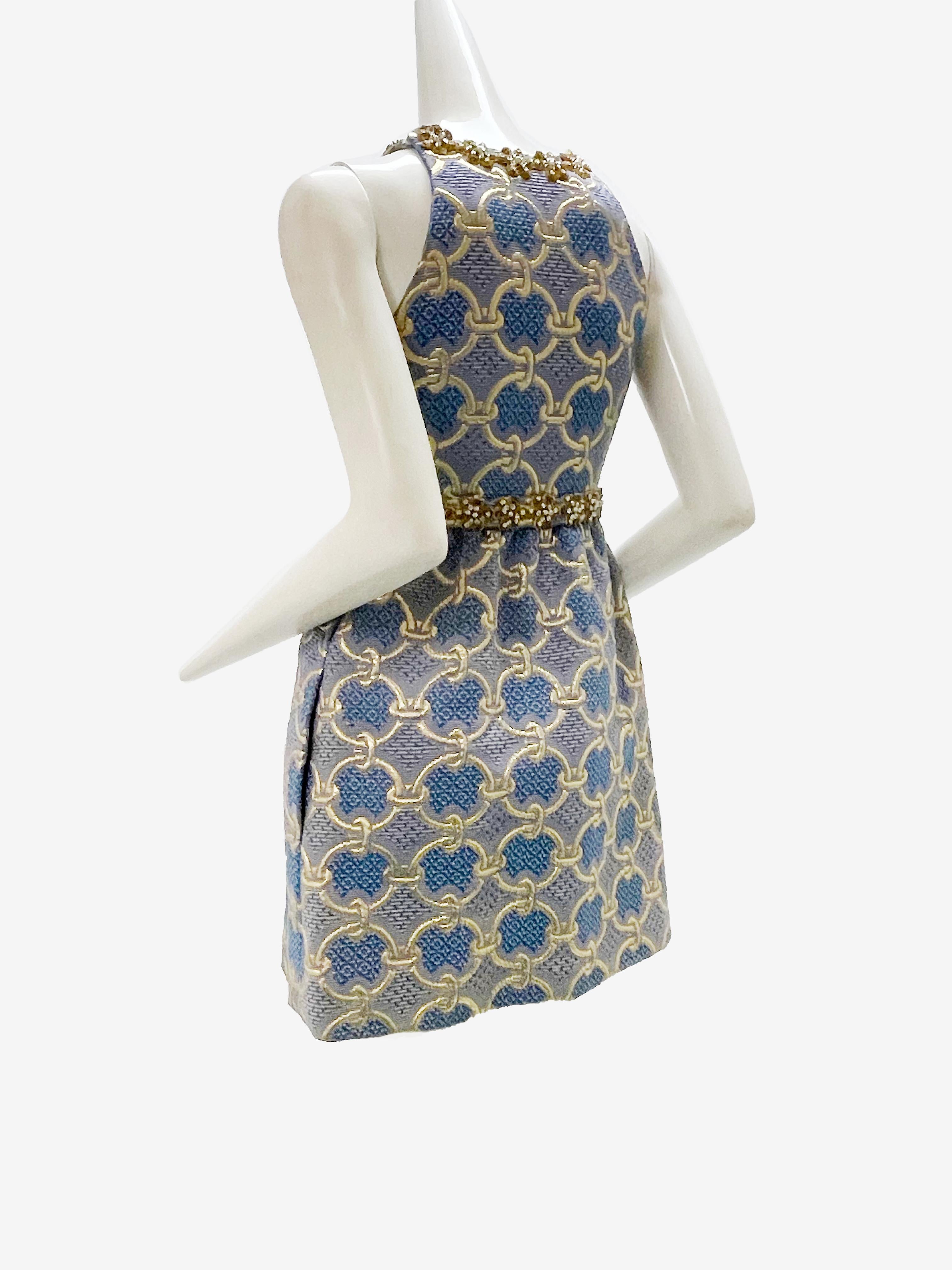 A gorgeous 1960s Oscar de La Renta blue and gold mini dress in a 