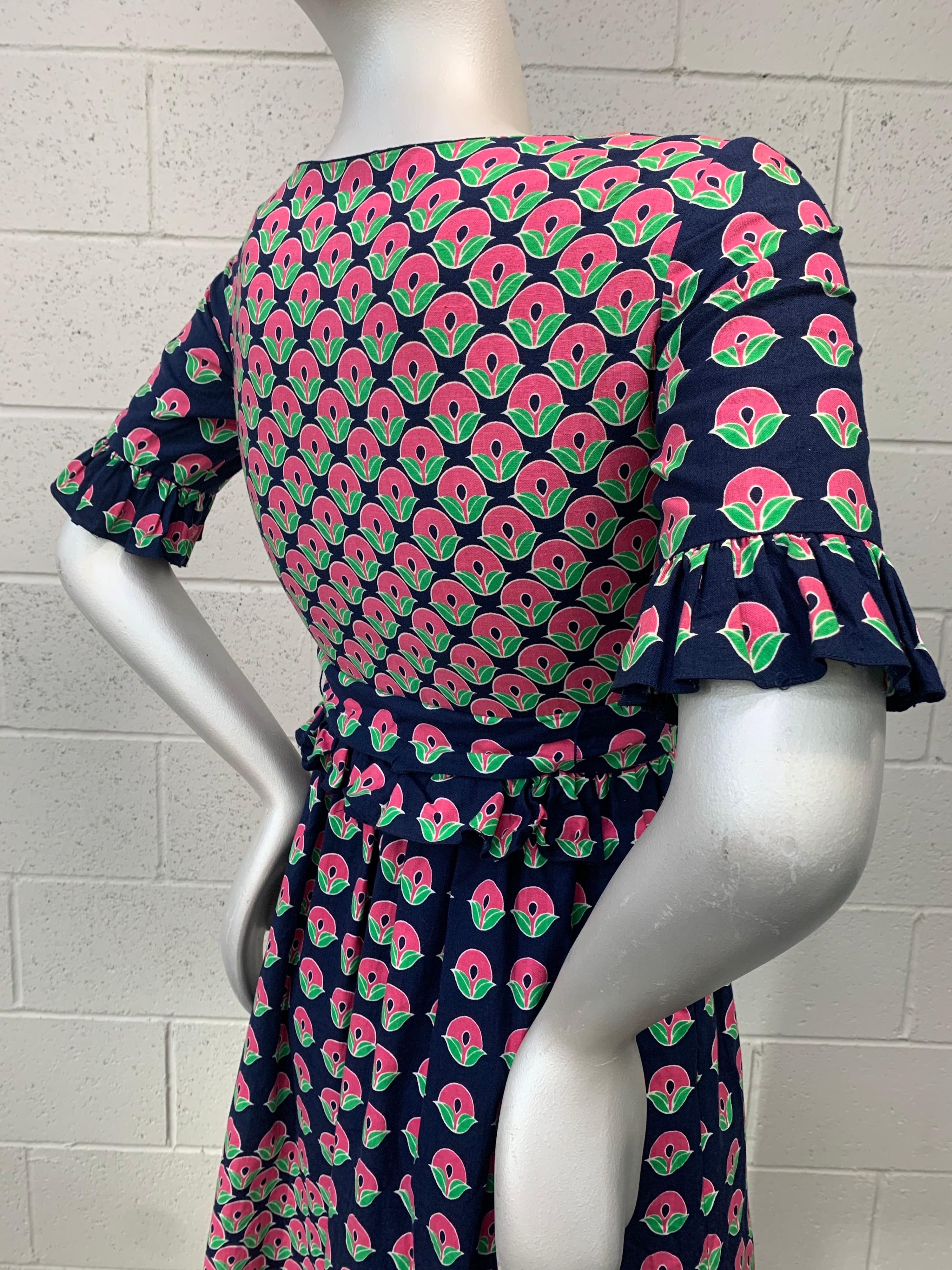 1960 Oscar de la Renta Navy & Pink Cotton Flower Print Dress W/ Tie & Pockets 8
