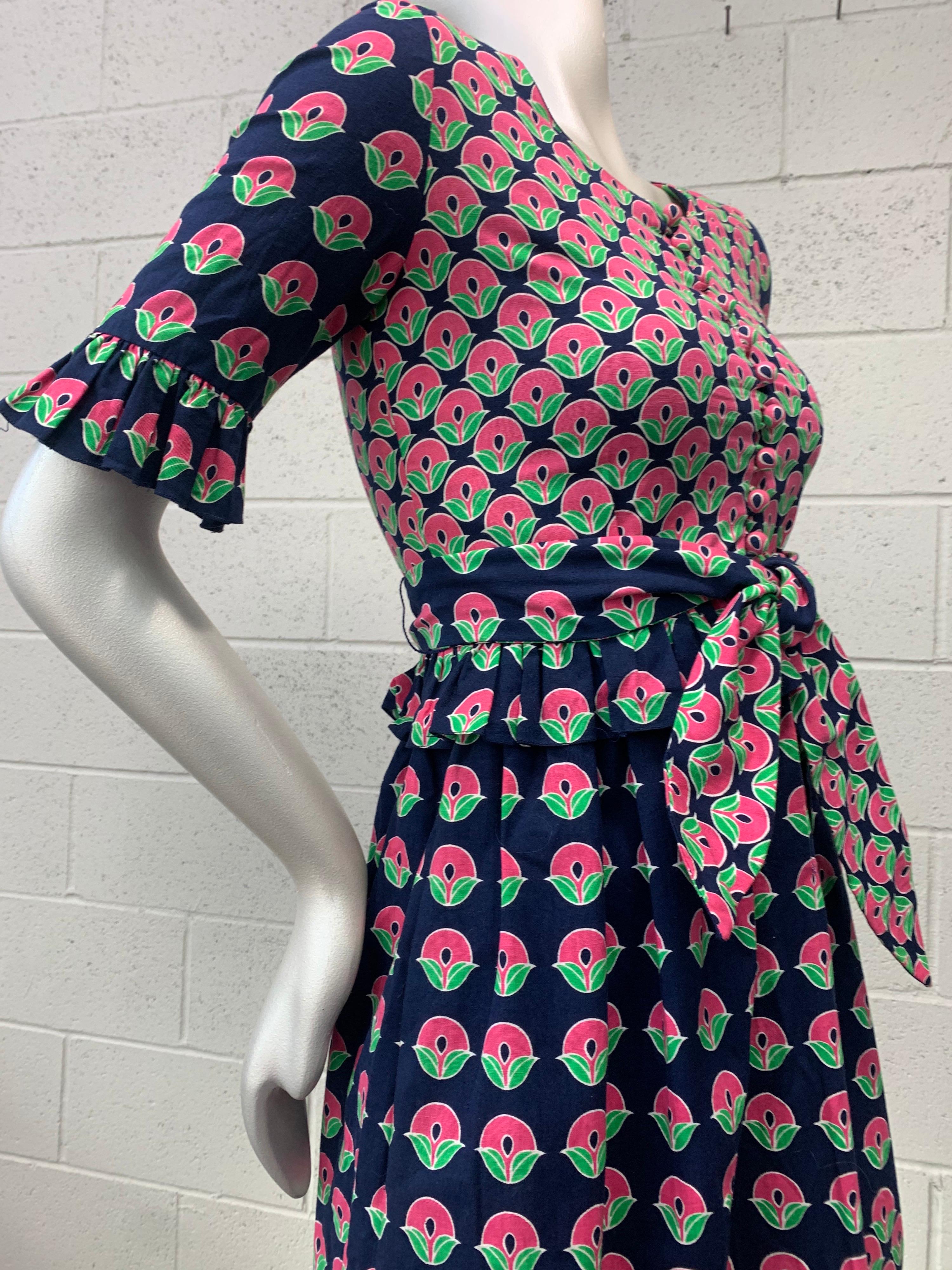 1960 Oscar de la Renta Navy & Pink Cotton Flower Print Dress W/ Tie & Pockets 9