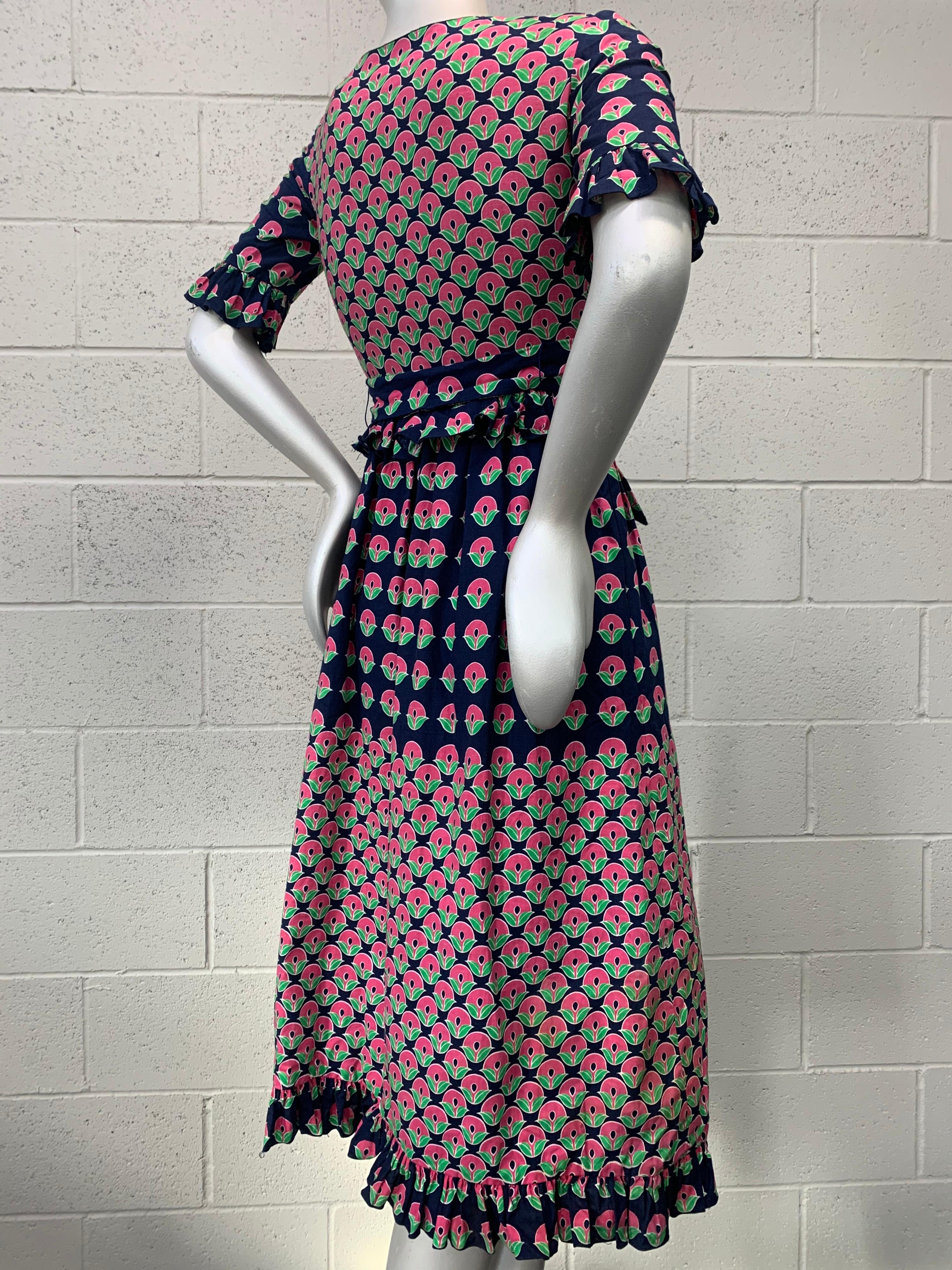 1960 Oscar de la Renta Navy & Pink Cotton Flower Print Dress W/ Tie & Pockets 10