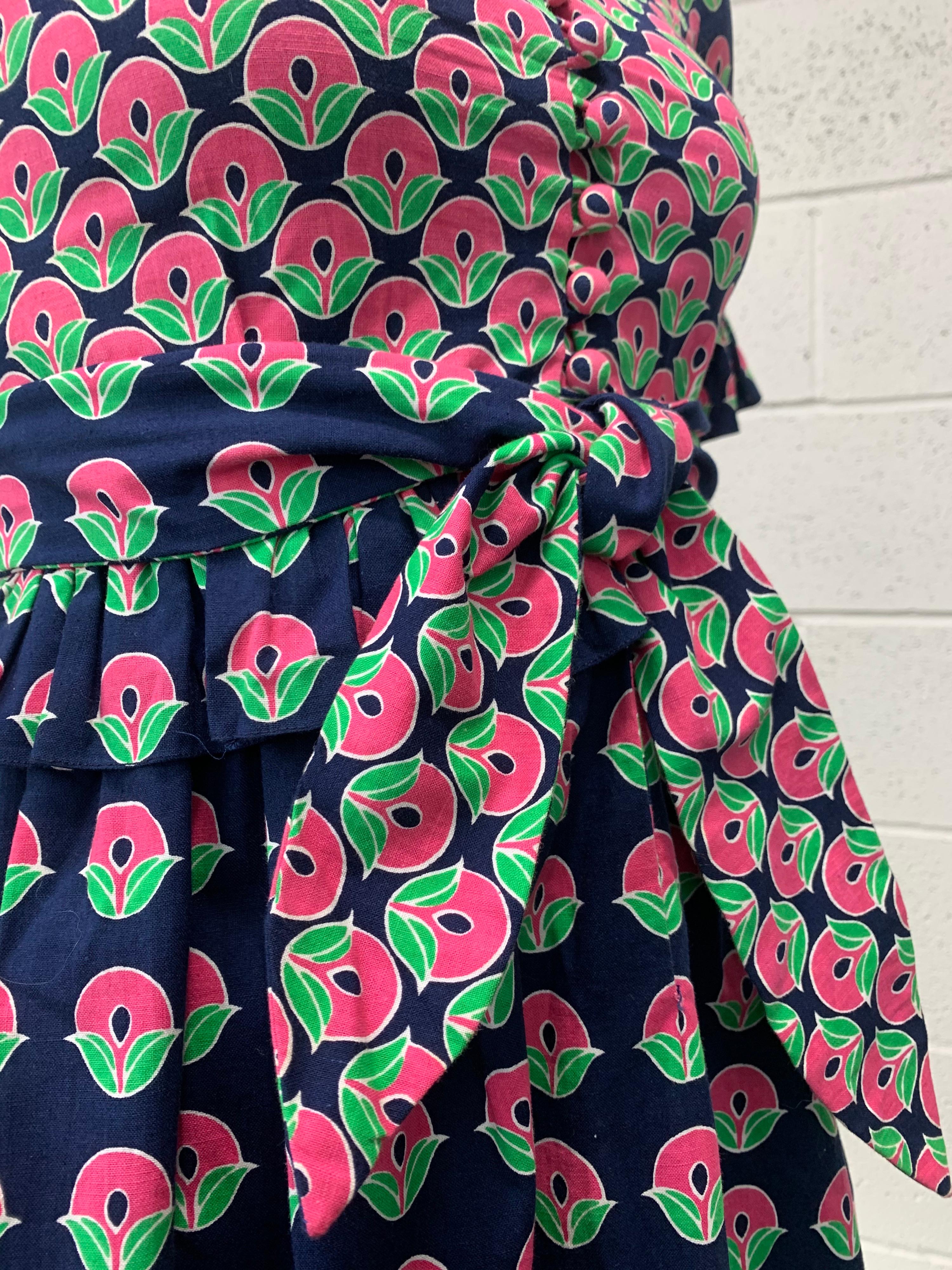 1960 Oscar de la Renta Navy & Pink Cotton Flower Print Dress W/ Tie & Pockets 11