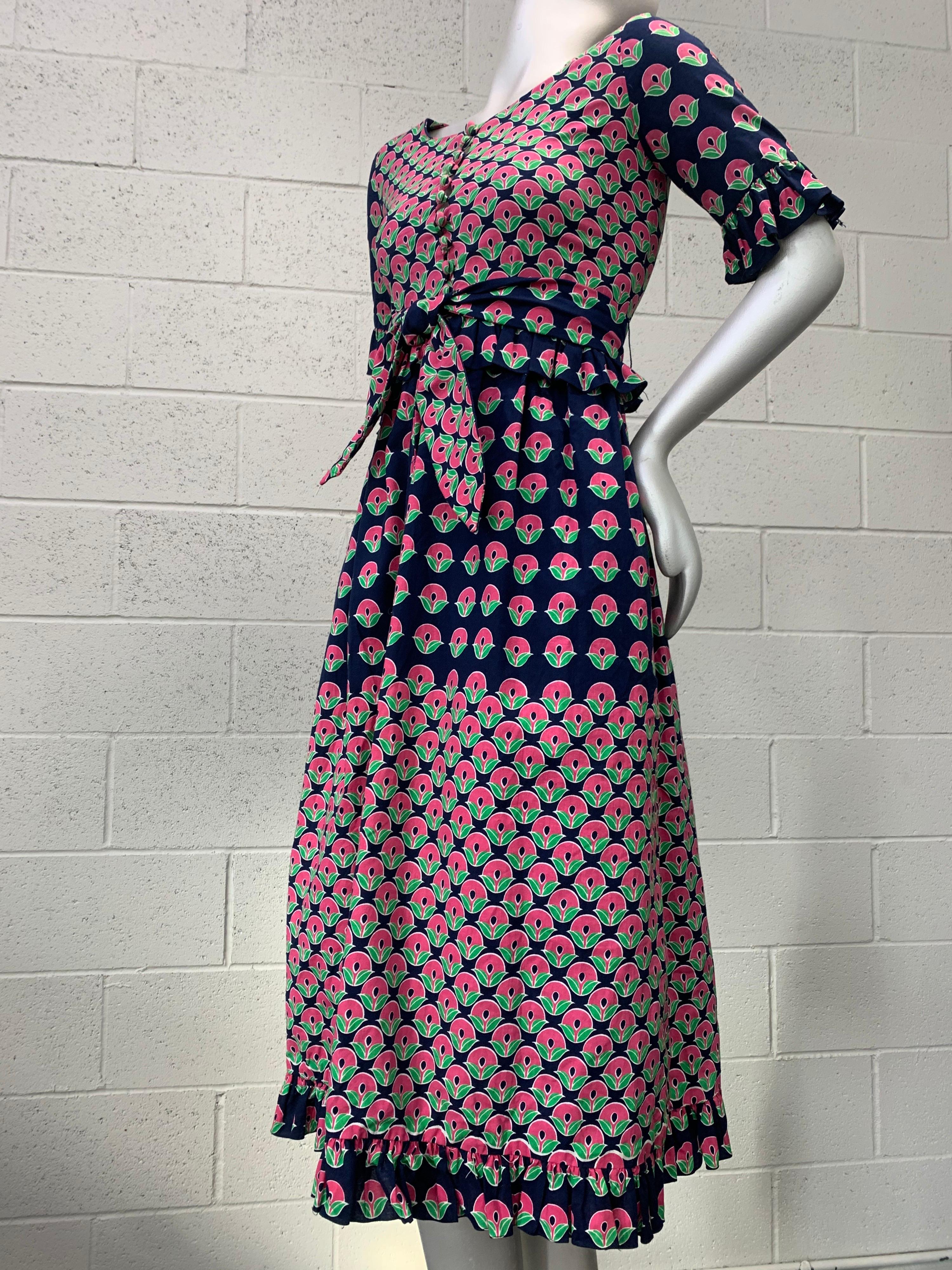 1960 Oscar de la Renta Navy & Pink Cotton Flower Print Dress W/ Tie & Pockets 12