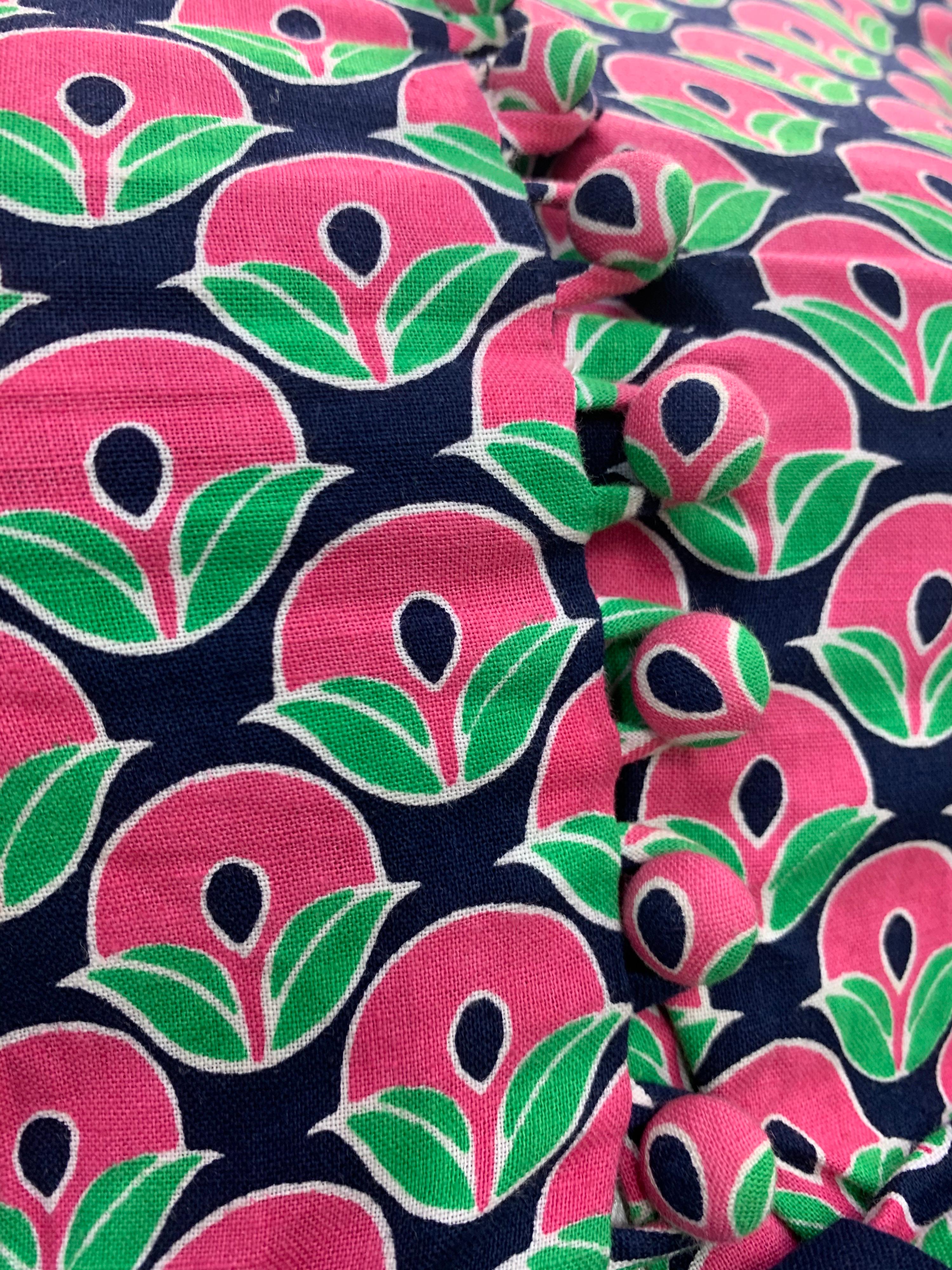1960 Oscar de la Renta Navy & Pink Cotton Flower Print Dress W/ Tie & Pockets 14