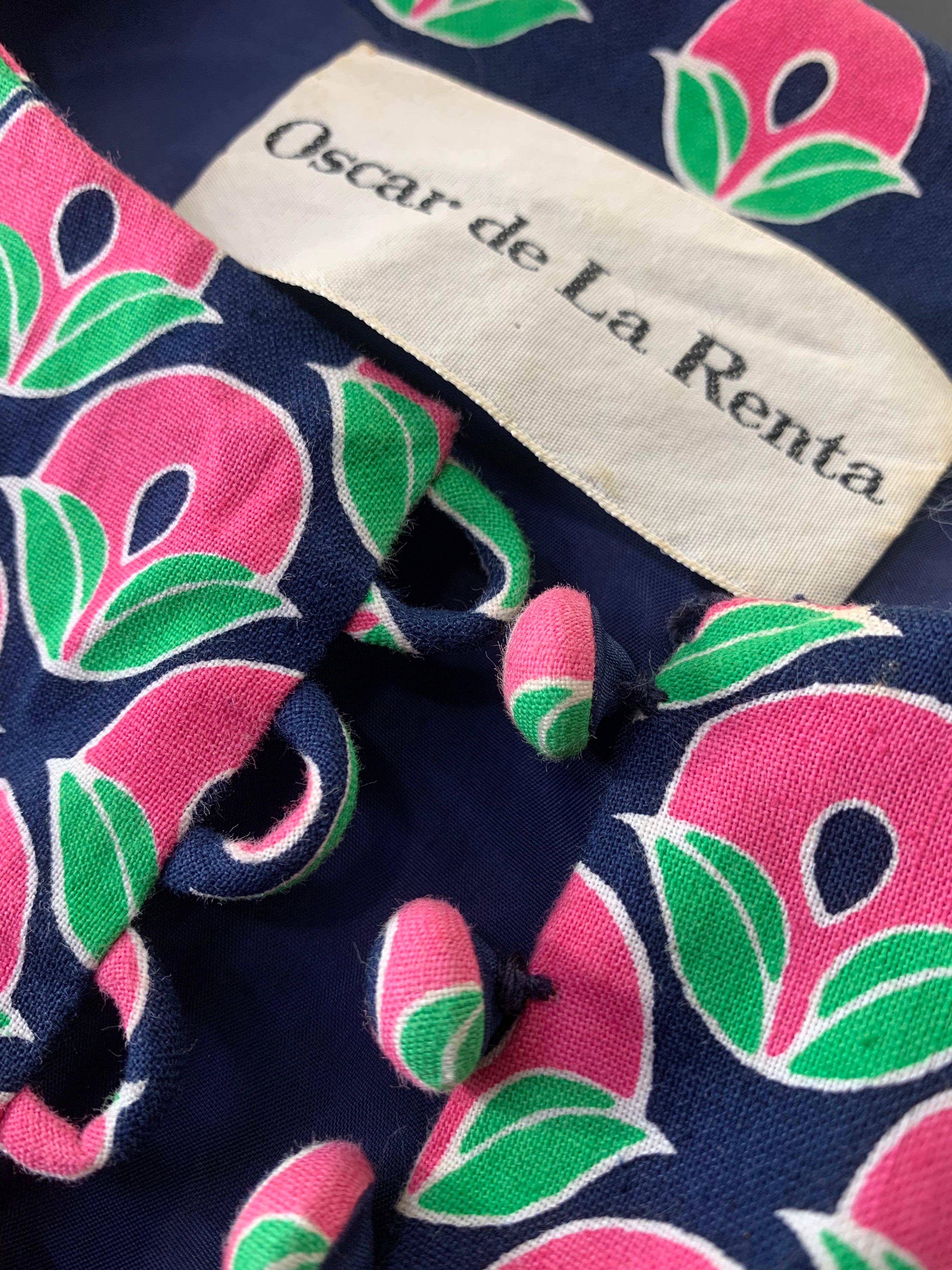 1960 Oscar de la Renta Navy & Pink Cotton Flower Print Dress W/ Tie & Pockets 15