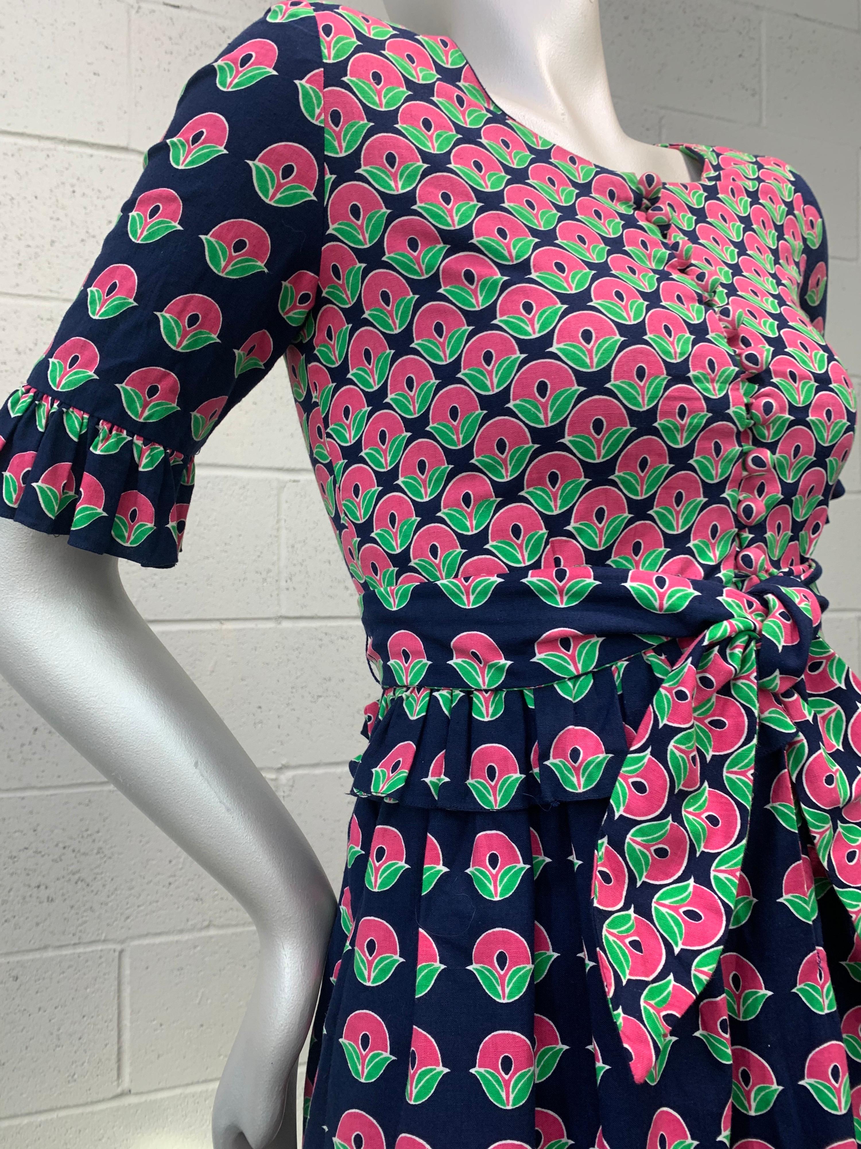 Black 1960 Oscar de la Renta Navy & Pink Cotton Flower Print Dress W/ Tie & Pockets